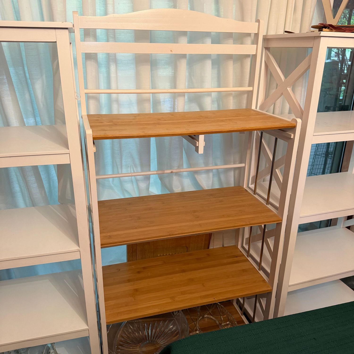 Four-tier shelf, white and natural in color, sturdy, drawers not with this shelf, 58 Four-tier shelf, white and natural in color, sturdy, drawers not with this shelf, 58"H x 26"W x 12"D