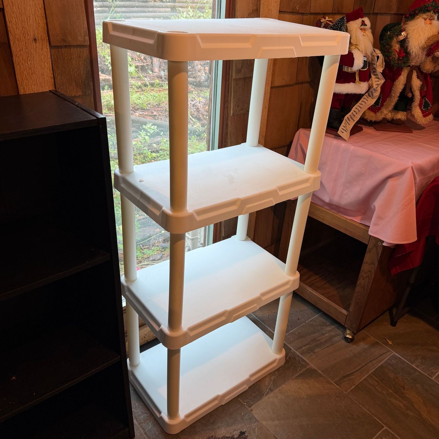 White plastic shelf, good condition, 48 White plastic shelf, good condition, 48"H x 21"W x 18"D