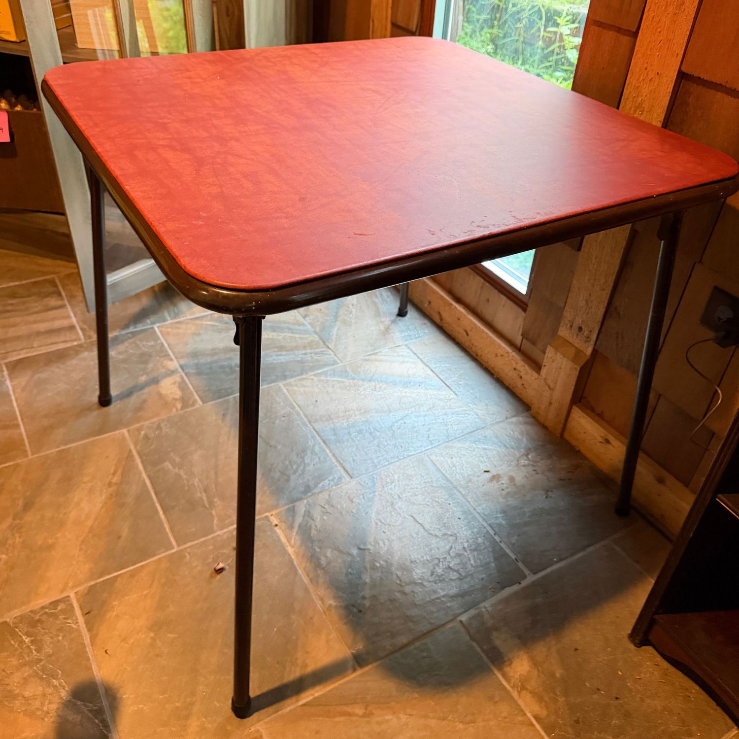 Vintage card table, 29 Vintage card table, 29", with orange vinyl top, good condition