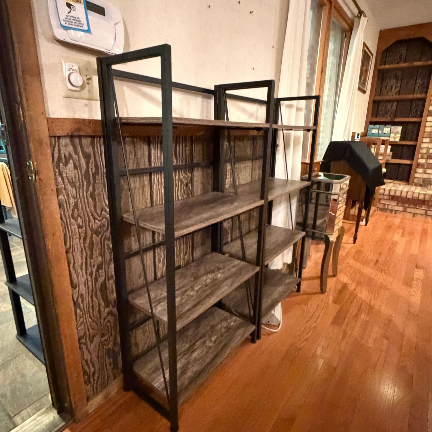 Pair of rustic industrial 4-tier shelves, very sturdy, good condition, 48 Pair of rustic industrial 4-tier shelves, very sturdy, good condition, 48"H x 12"D x 23"W each