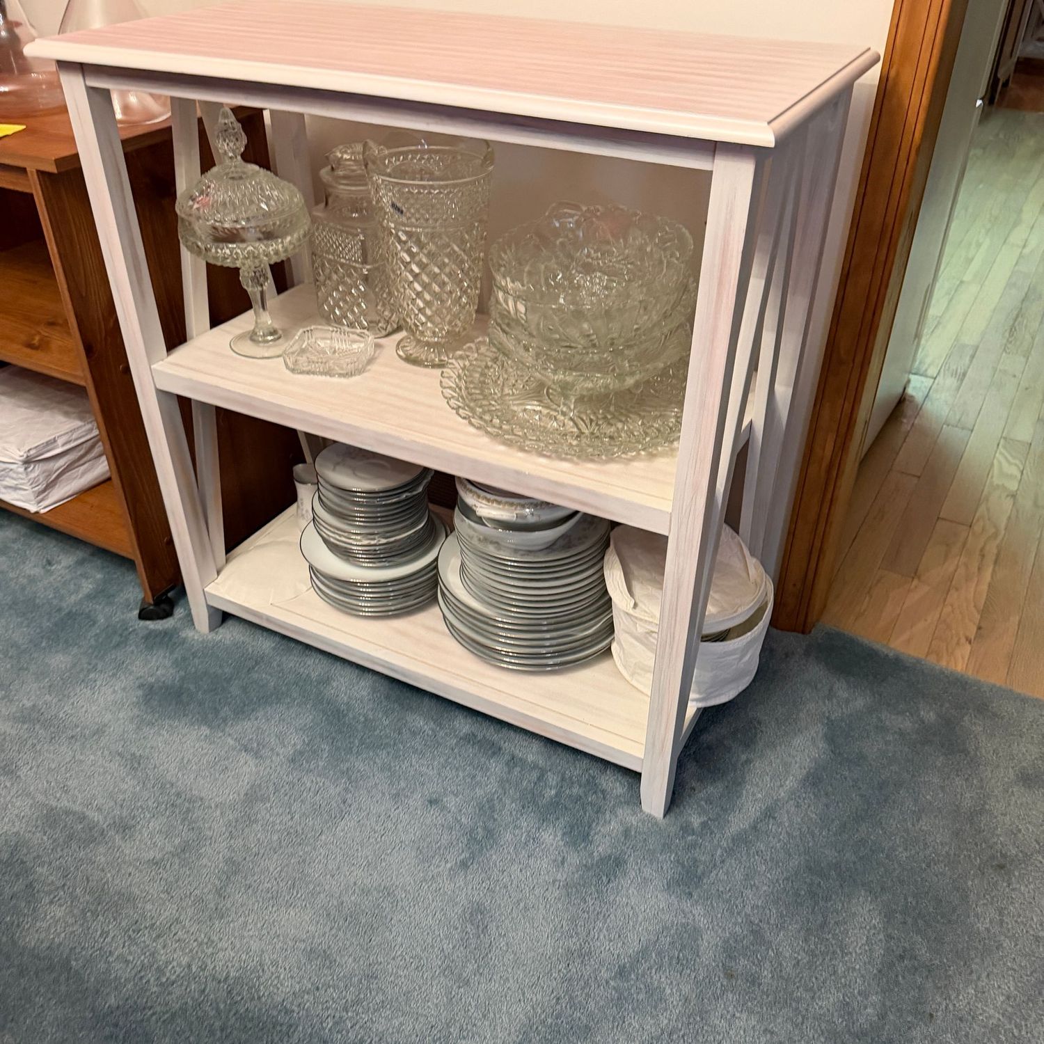 Wide glazed off-white laminate shelf, very sturdy, good condition, 33 Wide glazed off-white laminate shelf, very sturdy, good condition, 33"H x 14"D x 29"W