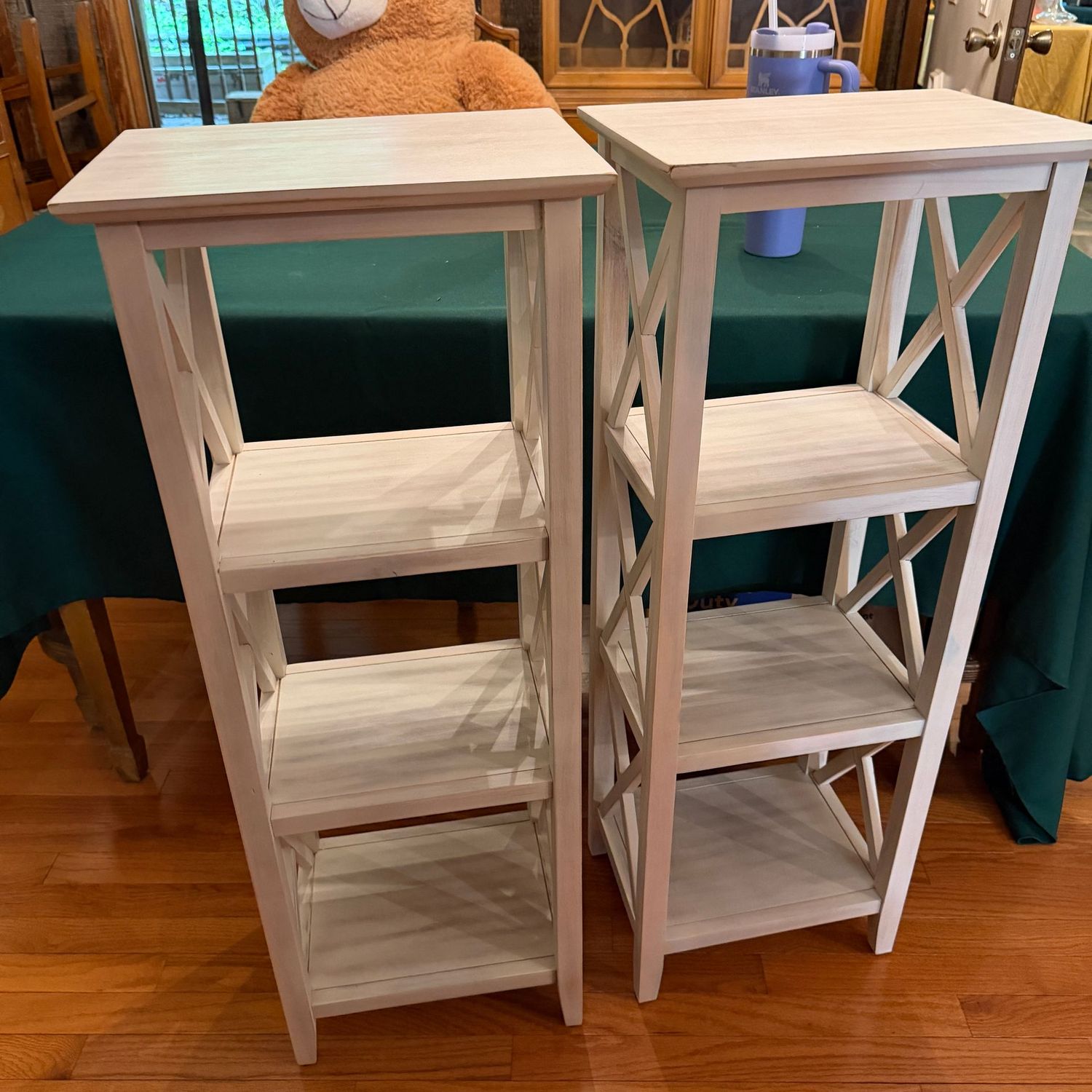 Pair of slender glazed off-white laminate shelves, very sturdy, in good condition Pair of slender glazed off-white laminate shelves, very sturdy, in good condition