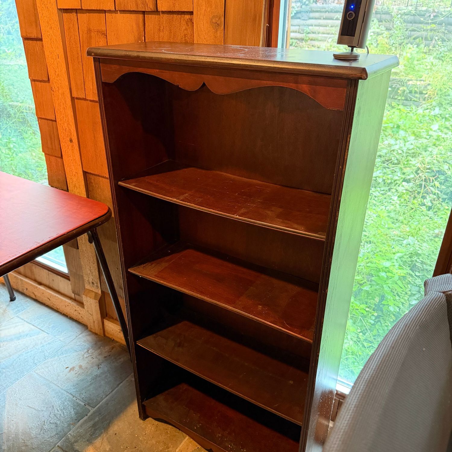 Wooden bookshelf, sturdy, ready for some light refurbishing, 49 Wooden bookshelf, sturdy, ready for some light refurbishing, 49"H x 23"W x 9"D