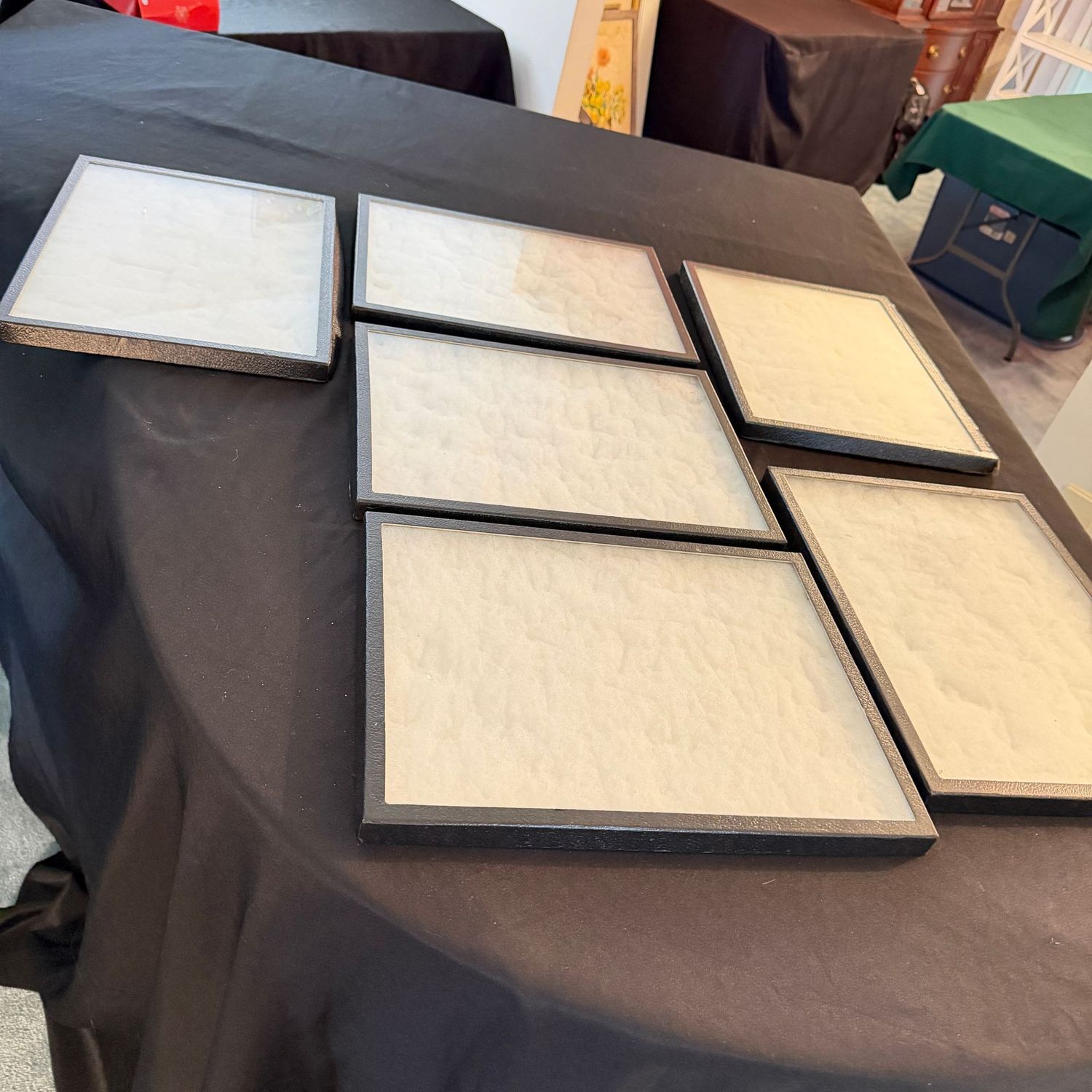 Six large jewelry displays, storage, glass tops, a few need some tape support on corners, 16 Six large jewelry displays, storage, glass tops, a few need some tape support on corners, 16" x 12"