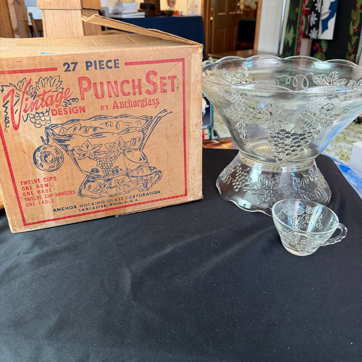 Anchor Hocking punch bowl and cups, grapes pattern, in box Anchor Hocking punch bowl and cups, grapes pattern, in box