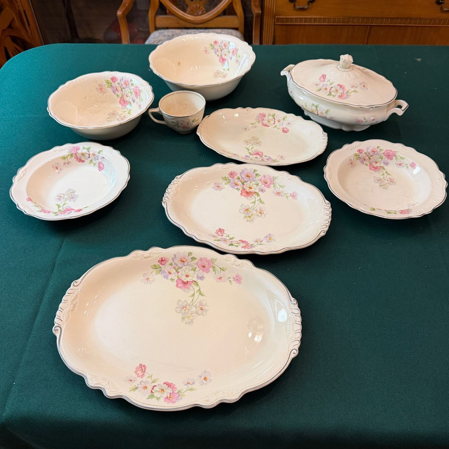 Group of vintage Homer Laughlin Virginia Rose stoneware china, some wear, largest platter is 13", B0535