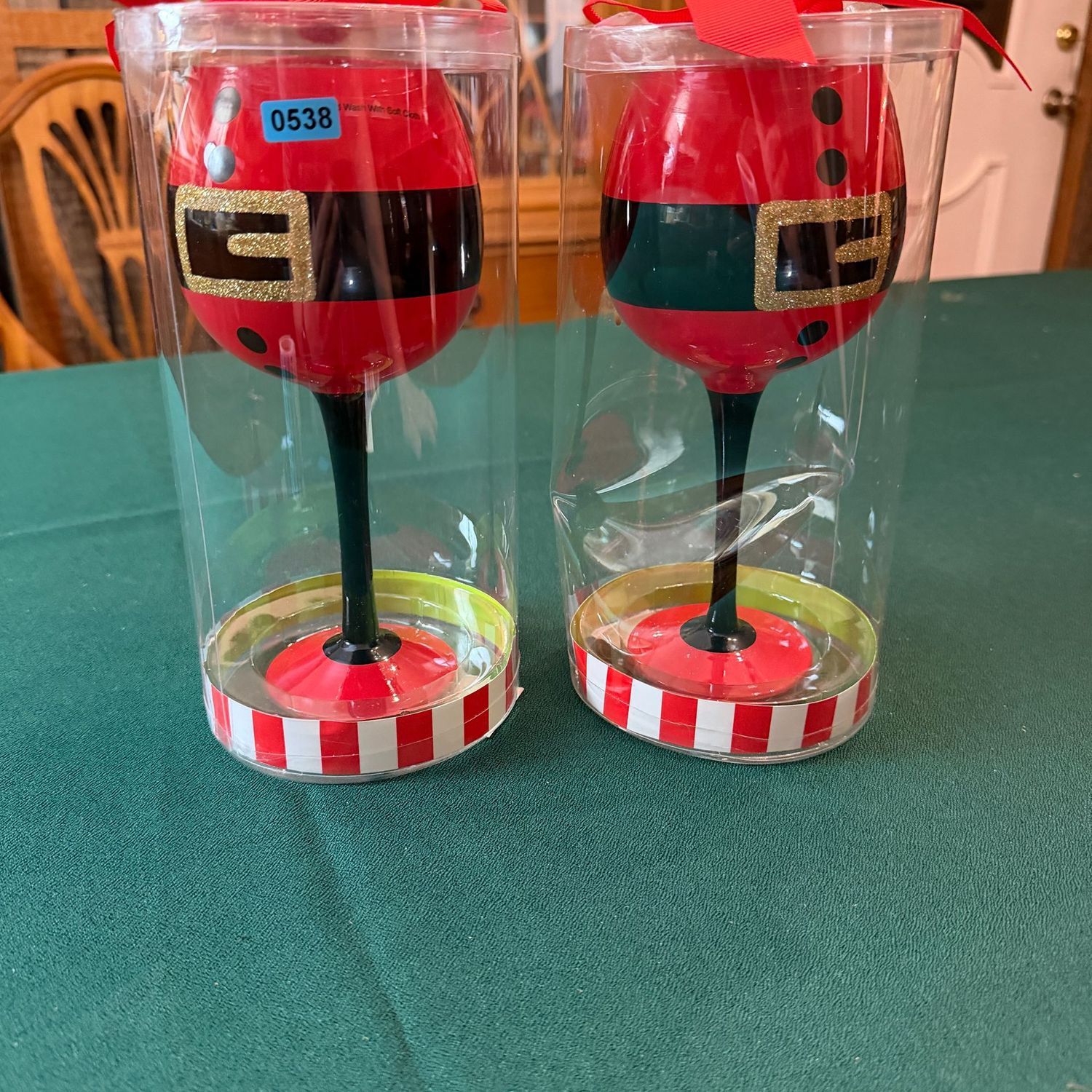 Mud Pie Christmas Wine Glasses in package, Santa's Belt, B0538 Mud Pie Christmas Wine Glasses in package, Santa's Belt, B0538