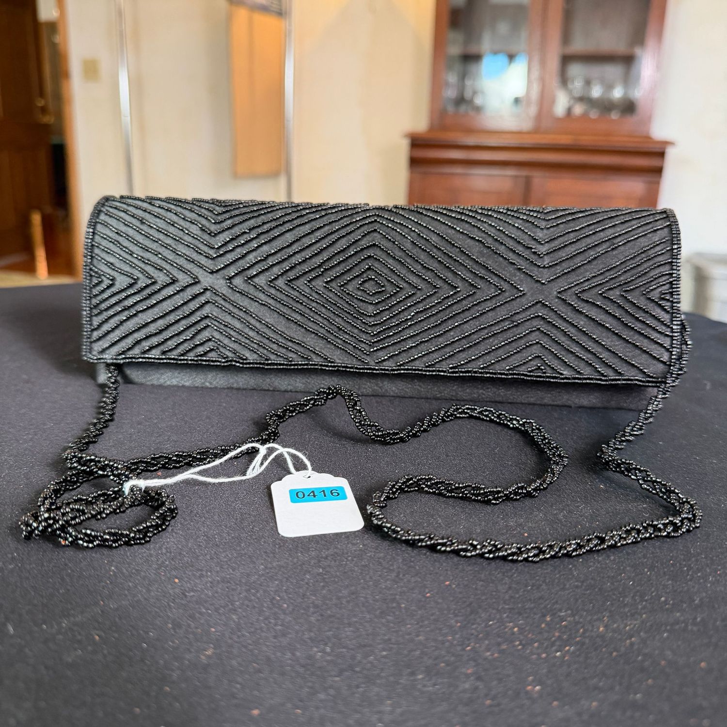 Kecci 11 Kecci 11"L black satin and beaded evening bag purse, B0416
