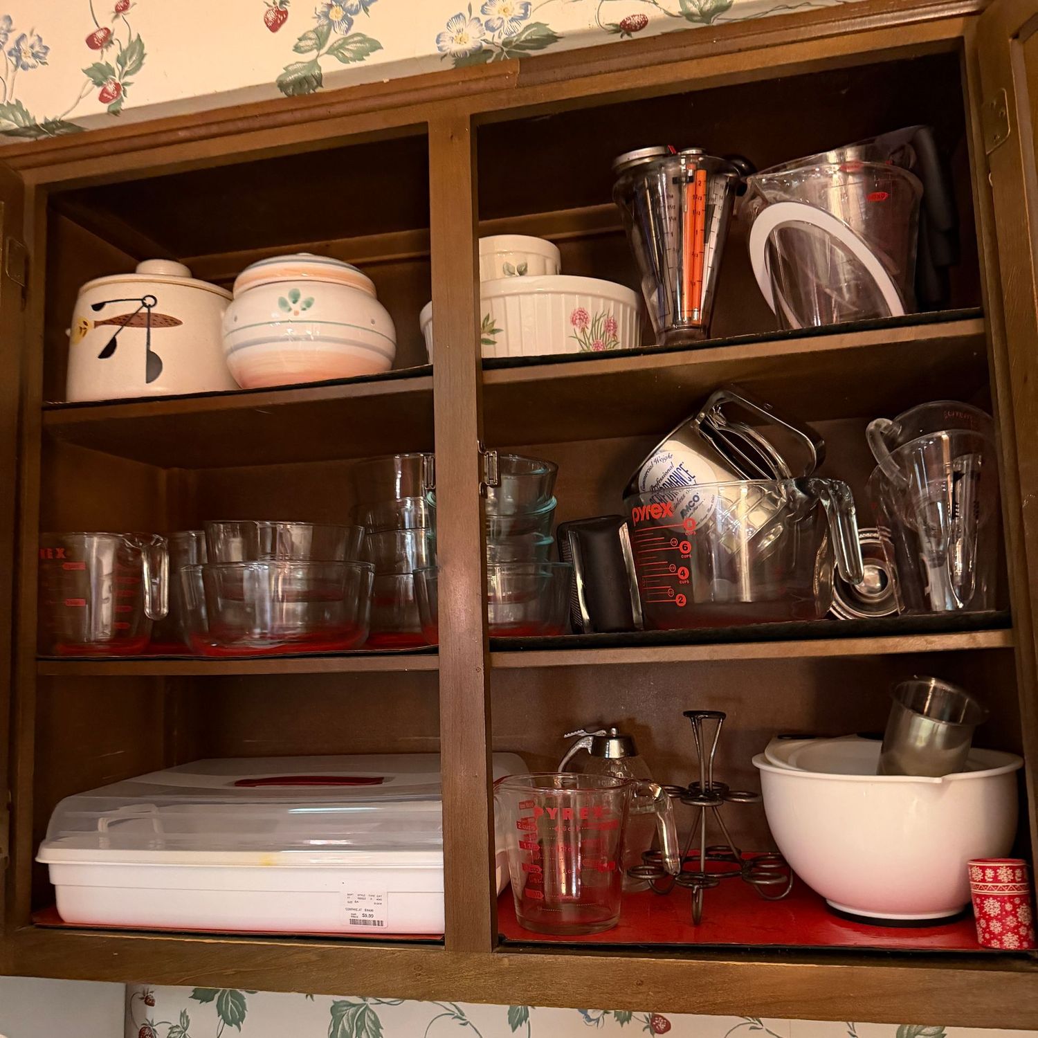 Cupboard D - Entire 3 shelves with casseroles, small mixing bowls, measuring cups, thermometers, cupcake keeper Cupboard D - Entire 3 shelves with casseroles, small mixing bowls, measuring cups, thermometers, cupcake keeper