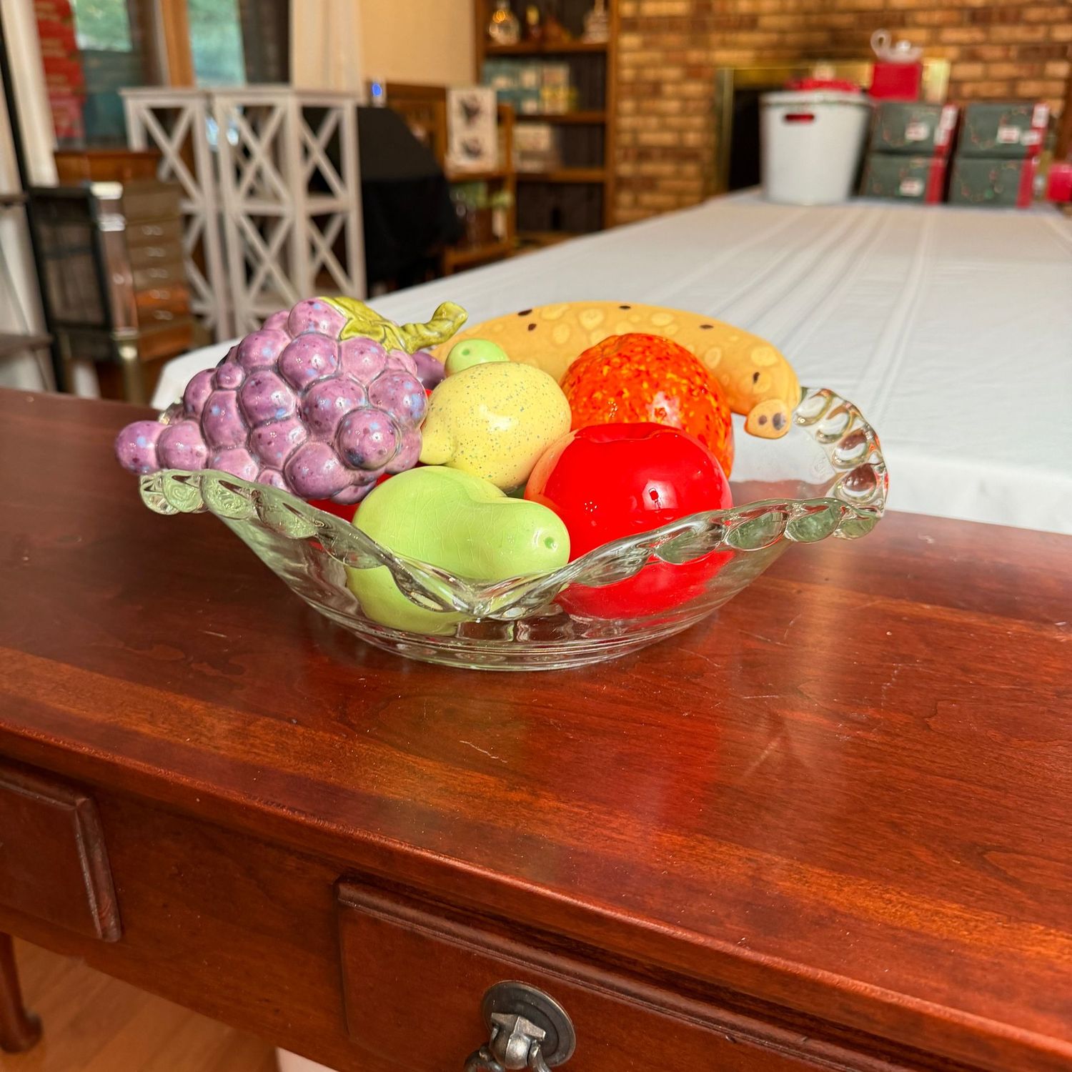 Vintage clear glass 12 Vintage clear glass 12" centerpiece bowl with ceramic fruit, B0553