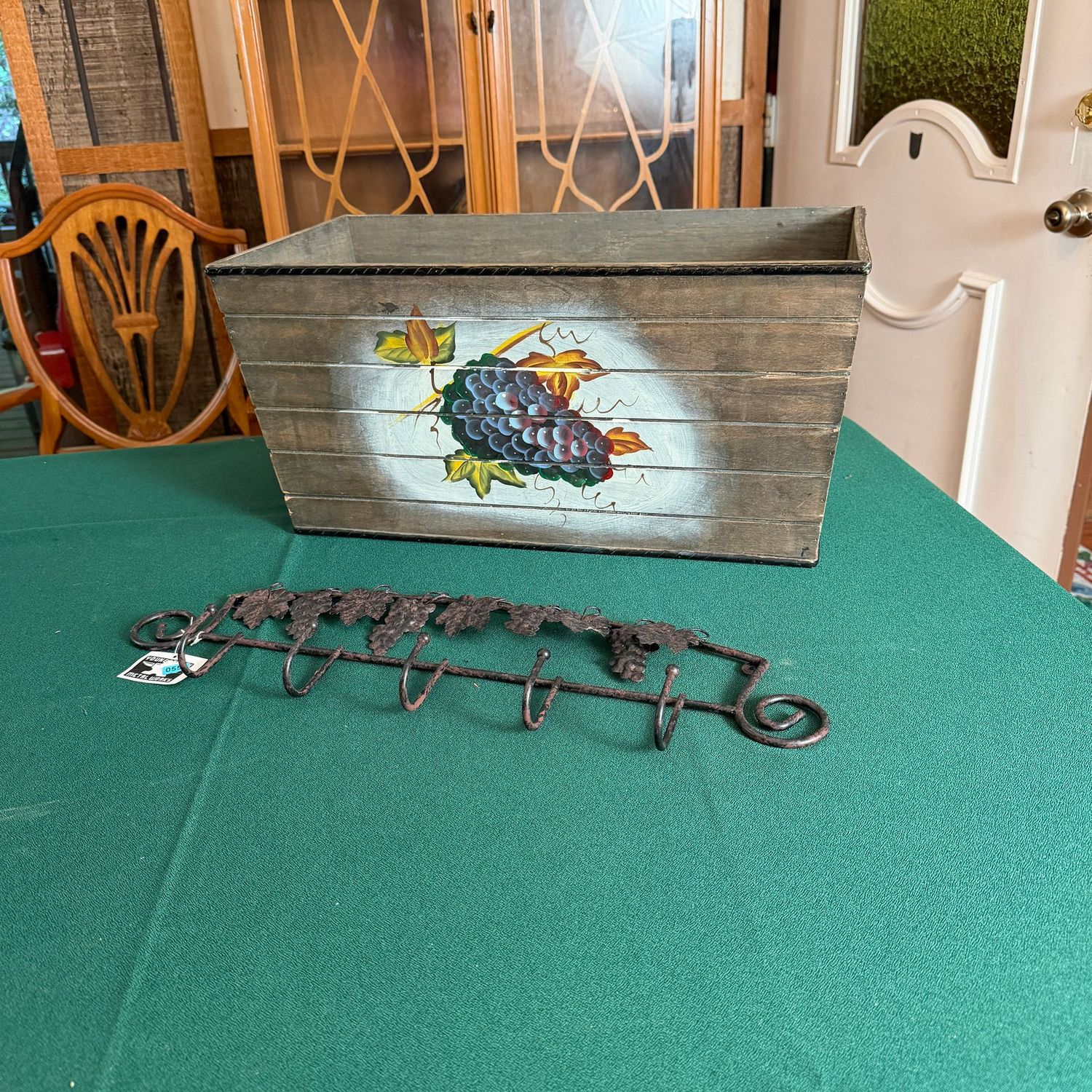 Grapevine pattern wall hooks (black and brushed-bronze patina), and large wooden storage box for wine, throw blankets, etc, 10 Grapevine pattern wall hooks (black and brushed-bronze patina), and large wooden storage box for wine, throw blankets, etc, 10"H x 22"L x 11"D, B0551