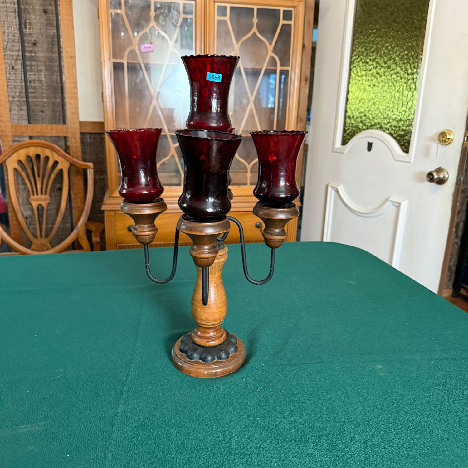 Vintage votive candelabra with ruby glass cups, some wear, 18 Vintage votive candelabra with ruby glass cups, some wear, 18"H, B0558