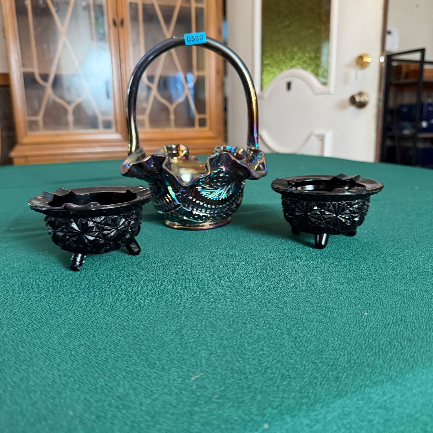 Fenton Carnival glass 7 Fenton Carnival glass 7"H basket, and two L.E. Smith Daisy & Button round ashtrays B0560
