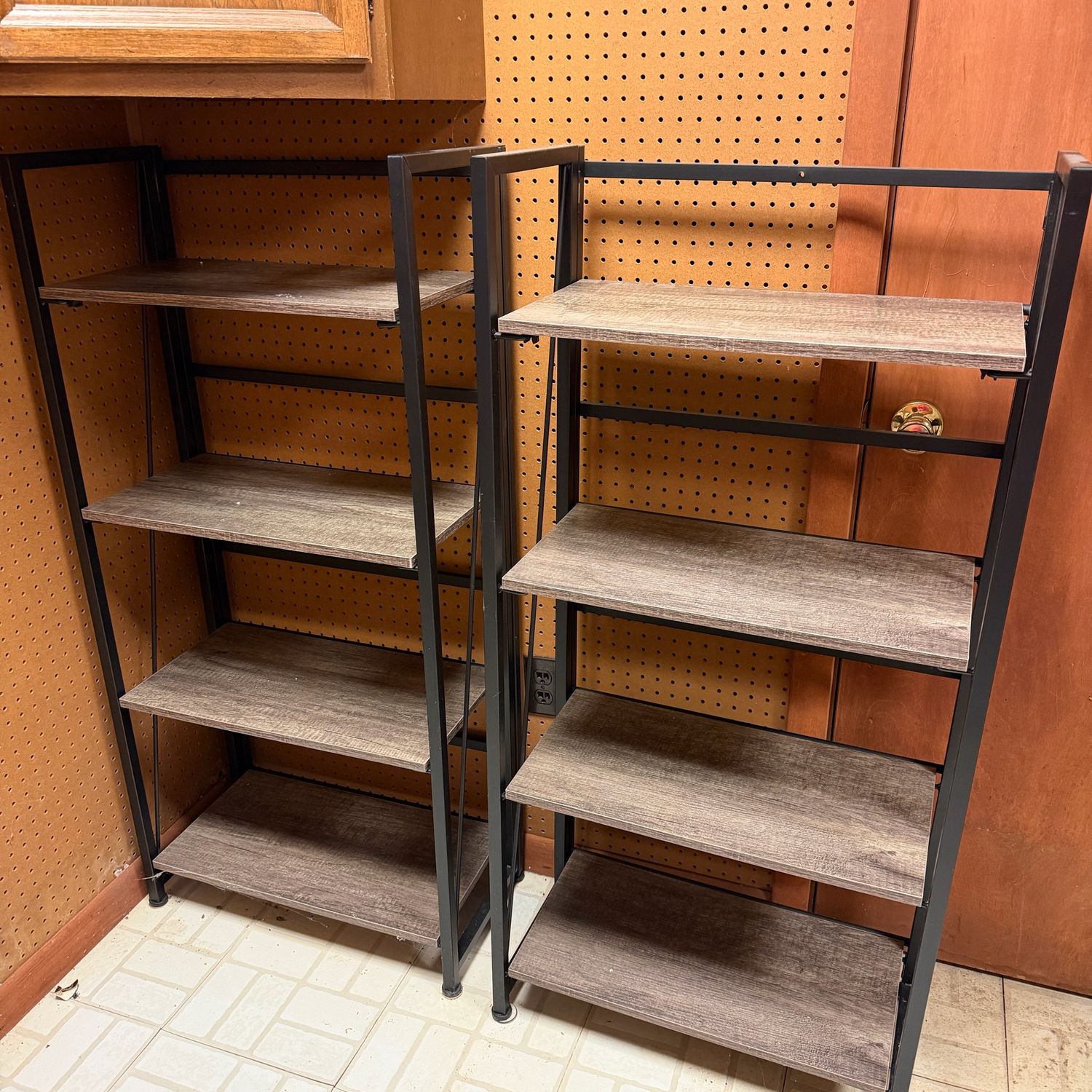 Pair of rustic industrial 4-tier shelves, very sturdy, good condition, 48 Pair of rustic industrial 4-tier shelves, very sturdy, good condition, 48"H x 12"D x 23"W each