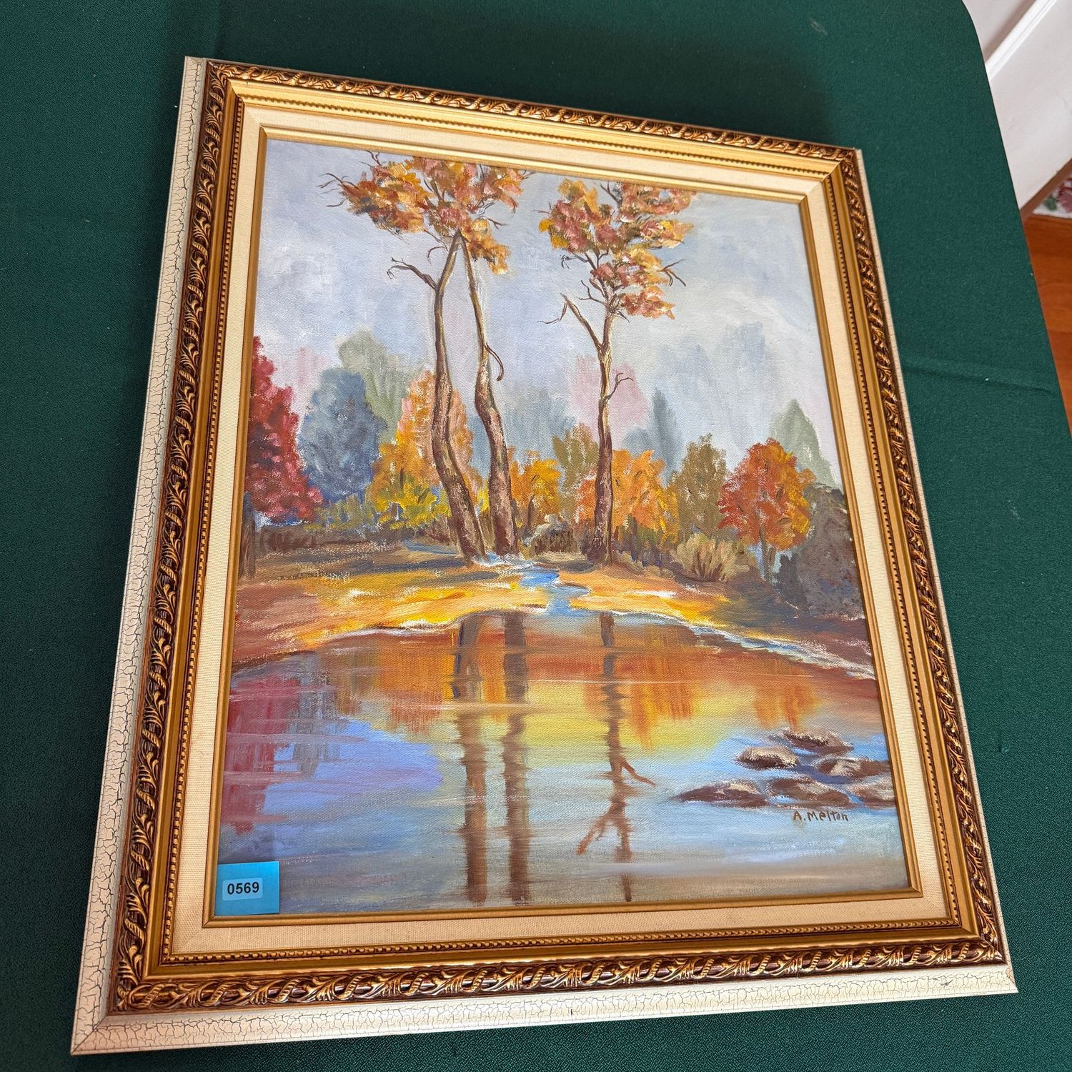 Large Landscape painting by Alberta Melton, fall leaves reflecting on the pond, 24 Large Landscape painting by Alberta Melton, fall leaves reflecting on the pond, 24" x 20", B0569