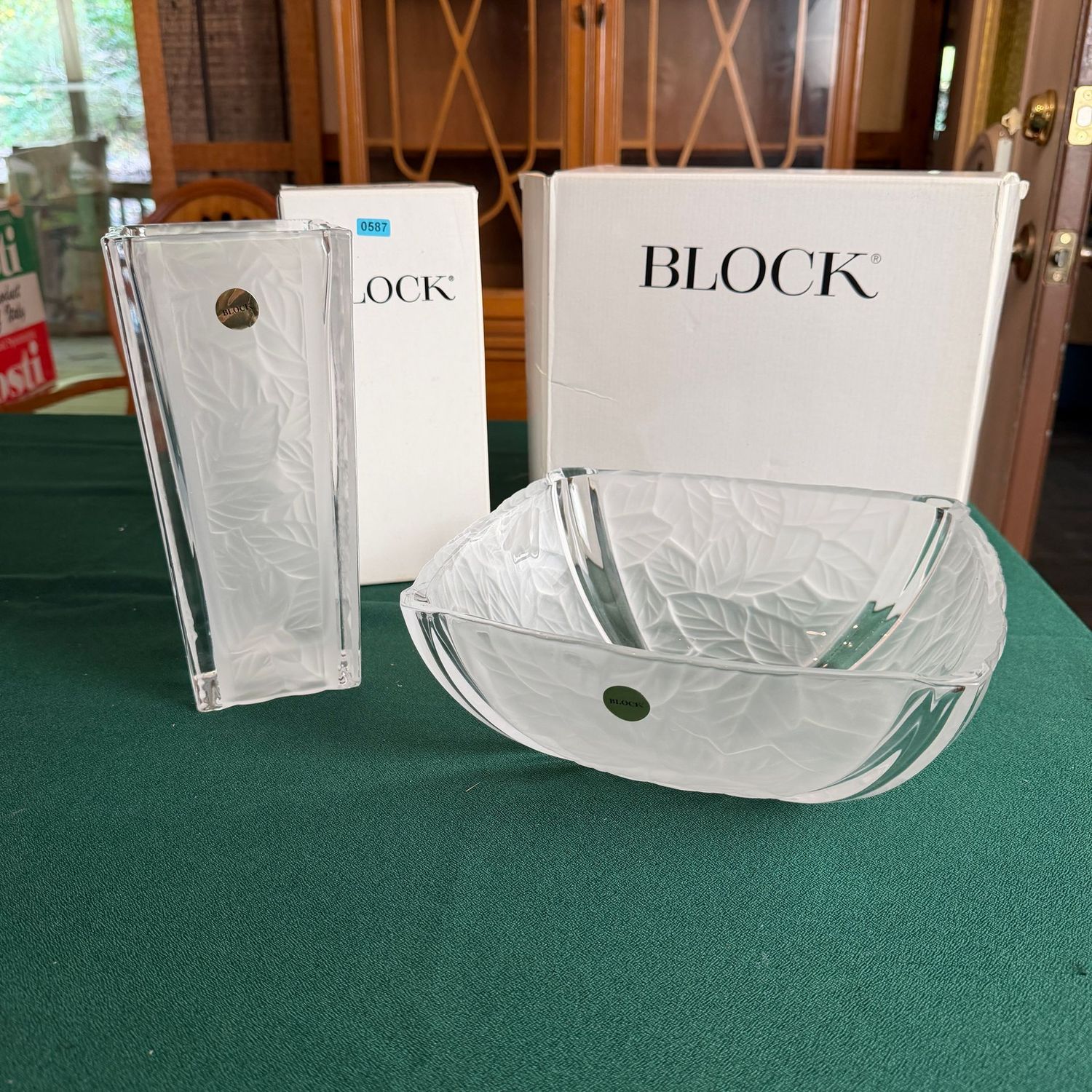 Block crystal Meadow Mist 10" bowl and matching vase, B0587
