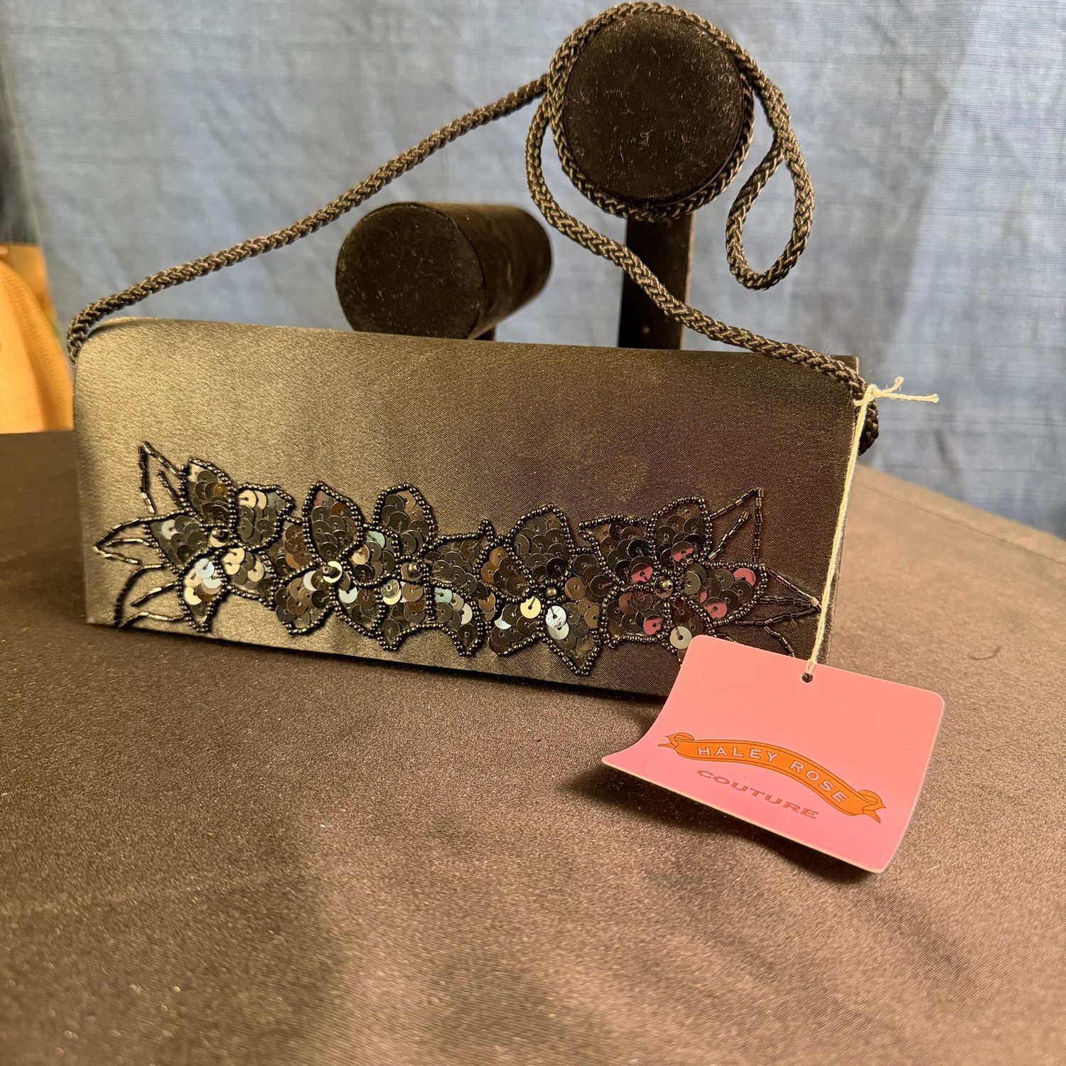 Black satin Haley Rose evening bag with beaded floral applique, 9", B0412
