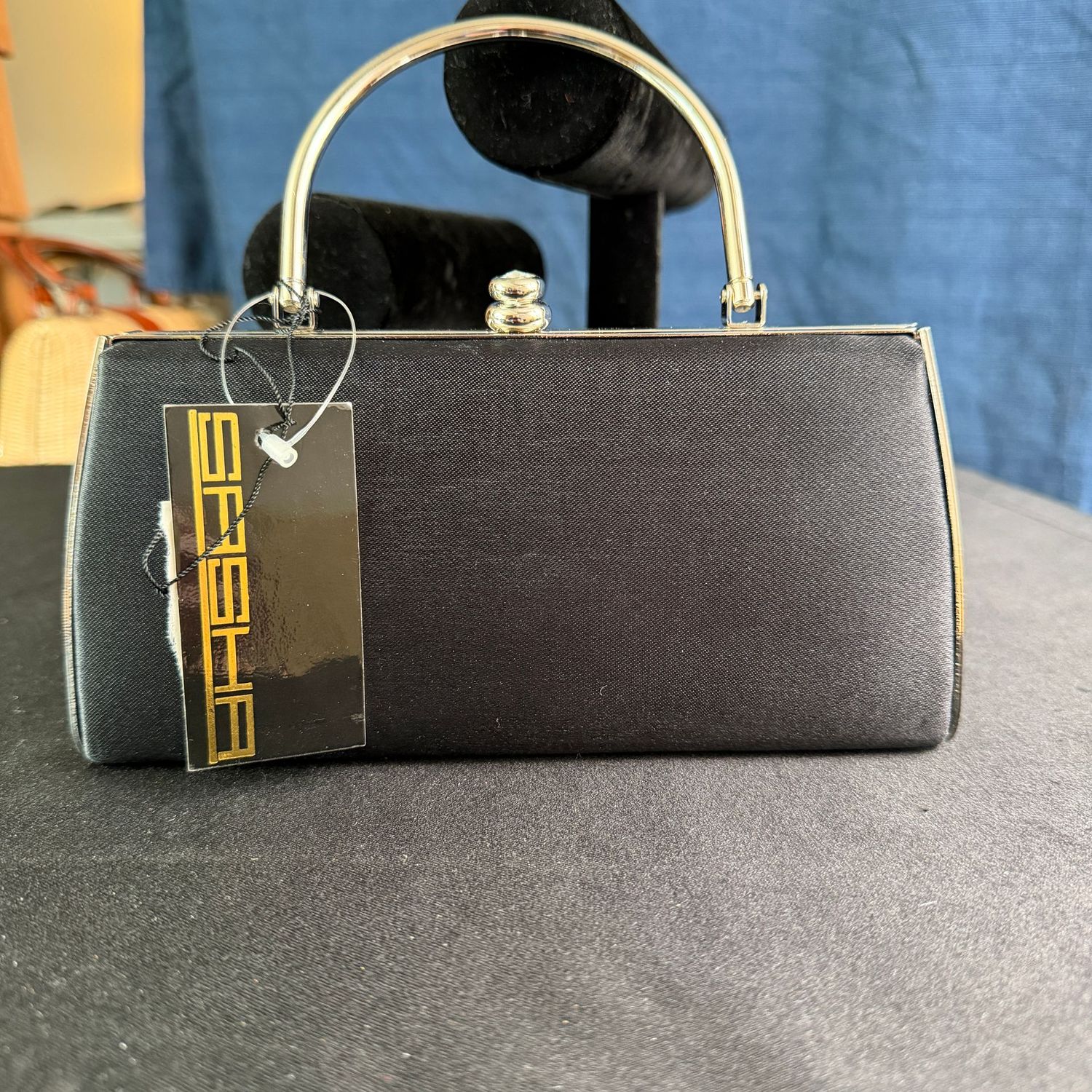 Sasha black satin evening bag purse with metal handle, 8 Sasha black satin evening bag purse with metal handle, 8"L, B0399
