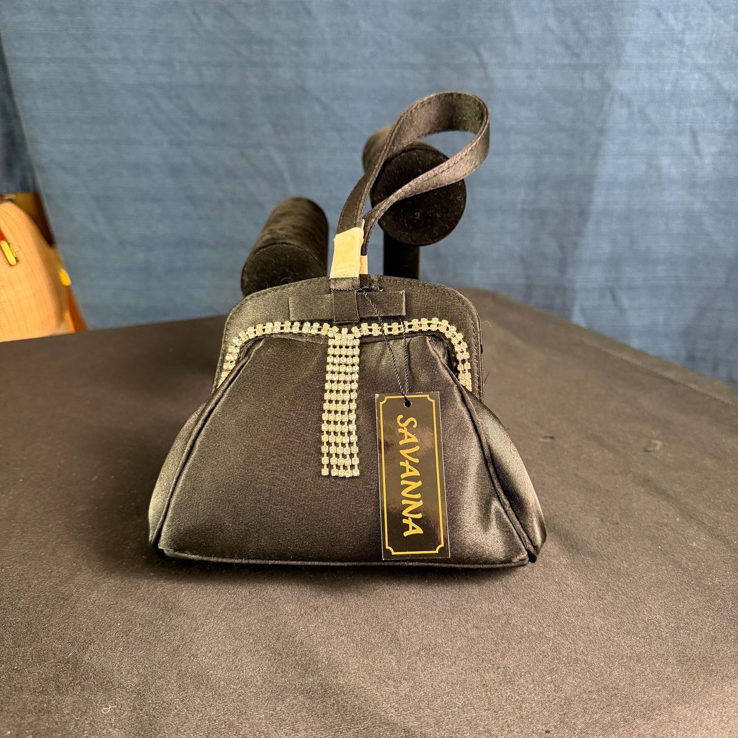 Savanna black satin evening bag, purse, 6 Savanna black satin evening bag, purse, 6"W, B0392