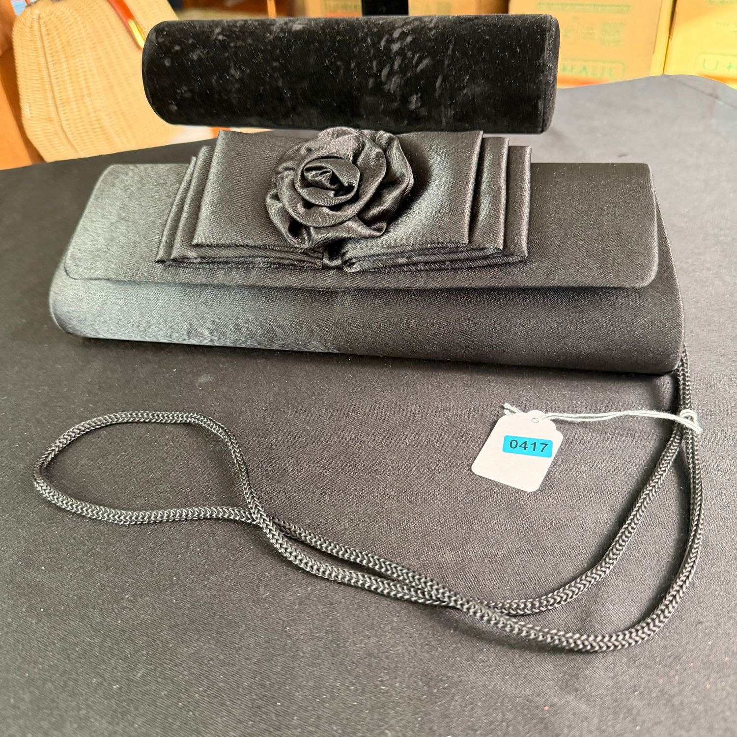 Magid black satin evening bag with bow and rosette, 12 Magid black satin evening bag with bow and rosette, 12"L, B0417