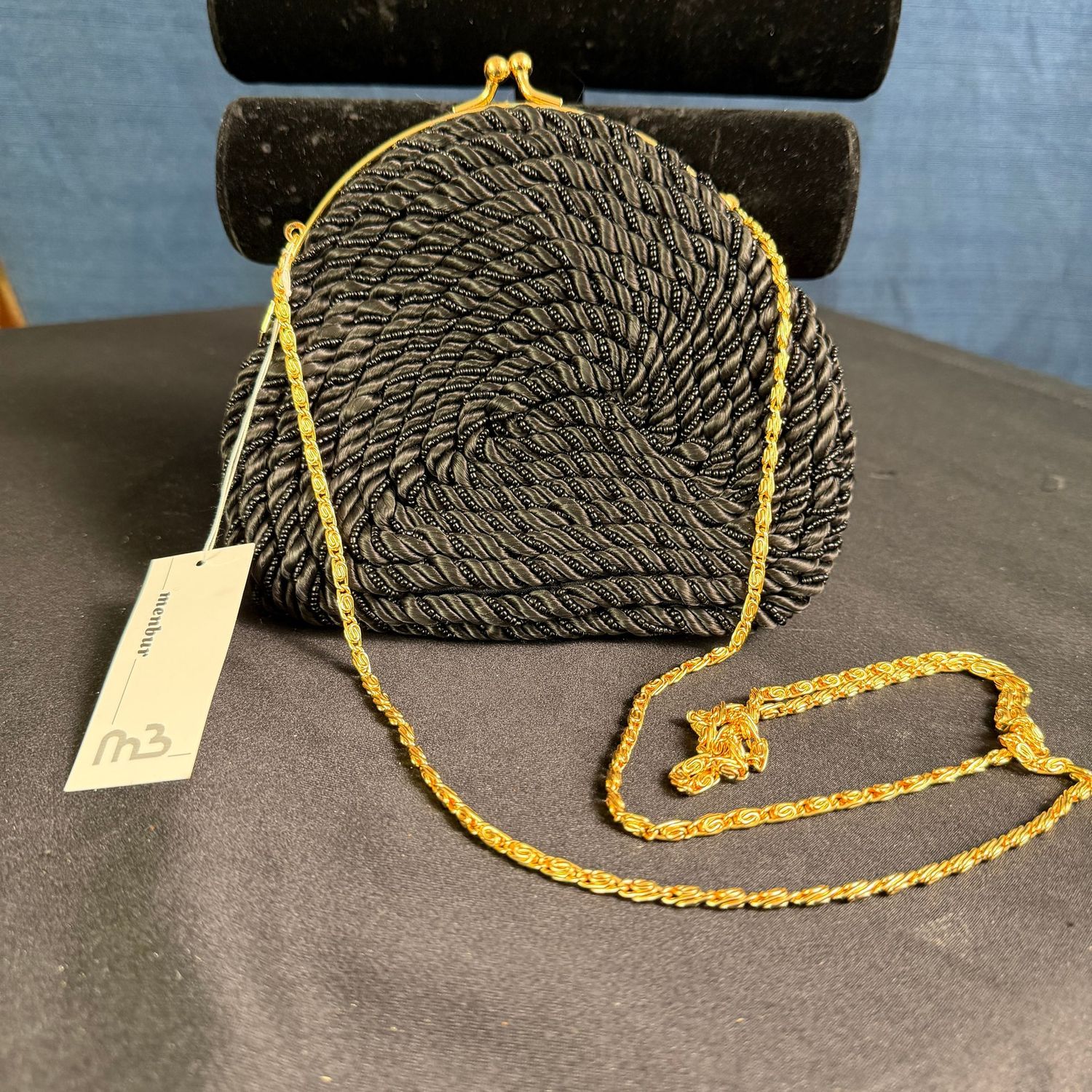 Menbur evening bag, swirled satin and beads, 7"W, B0408