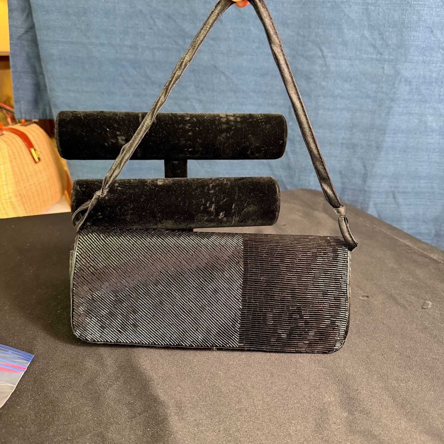 Black Kecci evening bag purse, satin and beads, 10"l, B0411