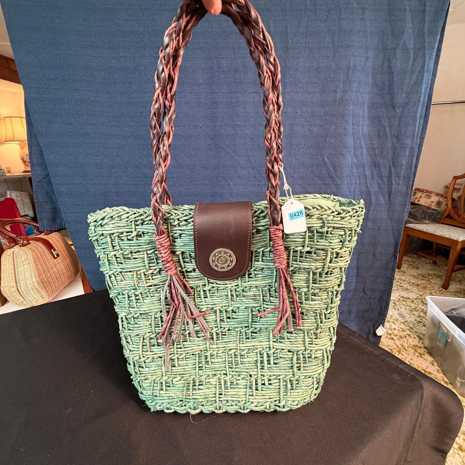 Woven green 11 Woven green 11"H purse with brown handles, green lining, B0428