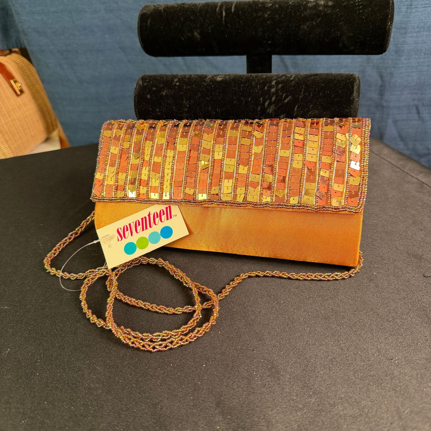 Seventeen satin and sequined evening bag purse with beaded strap, 9 Seventeen satin and sequined evening bag purse with beaded strap, 9"L, B0375