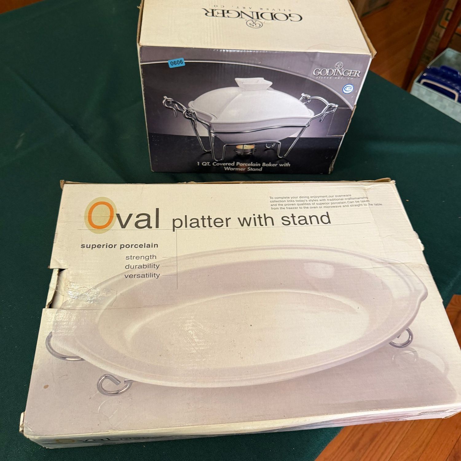 Oval 15 Oval 15" platter and 1 quart covered casserole with chrome stands, in box, B0606