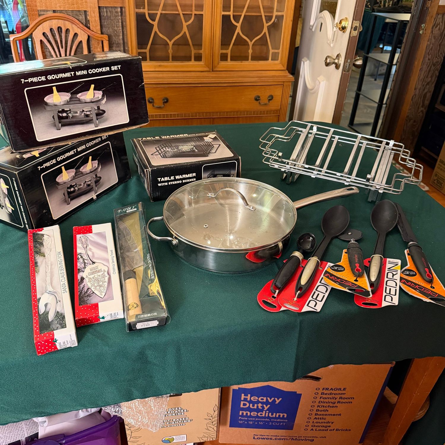 Kitchen box lot B0610 utensils, mini cooker warmers, stainless skillet, foil pan stands