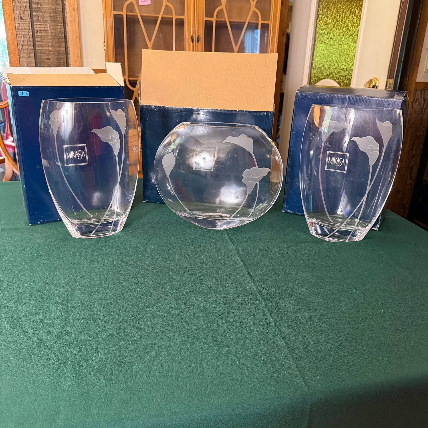 Trio of Mikasa crystal Calla Lily 10" and 12" vases in boxes, B0614