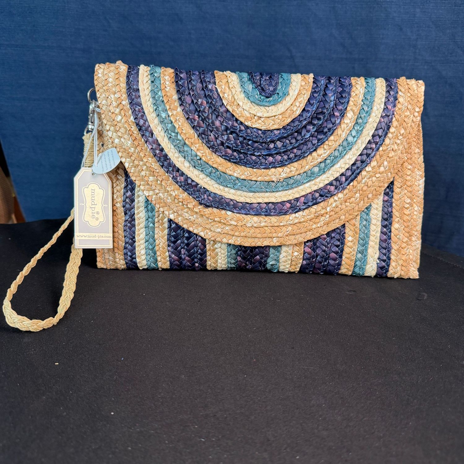 Blue and natural Mudpie woven purse, slender profile, 13 Blue and natural Mudpie woven purse, slender profile, 13"L, B0366