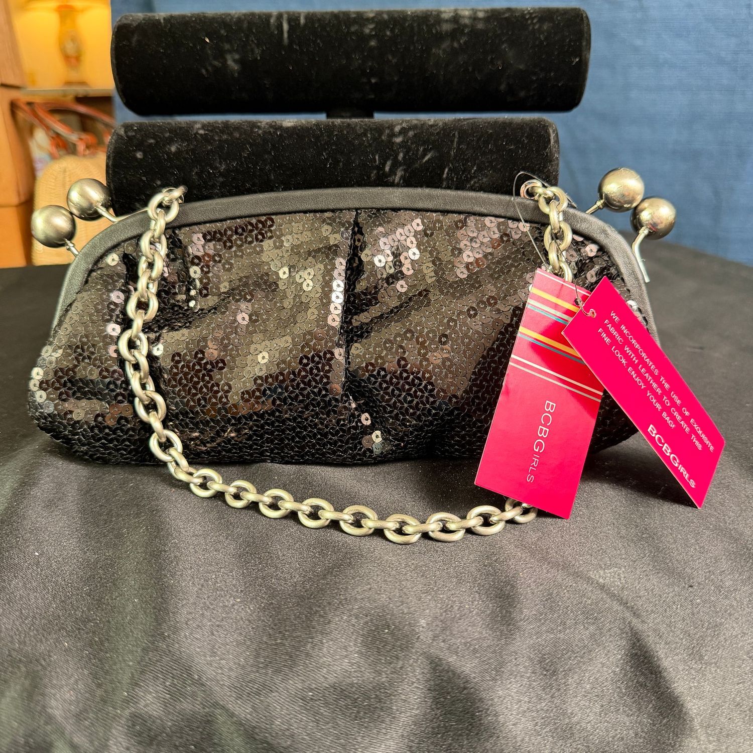 BCBGirls black sequined evening bag purse with hinged opening and chain handle, 10"L,  B0410
