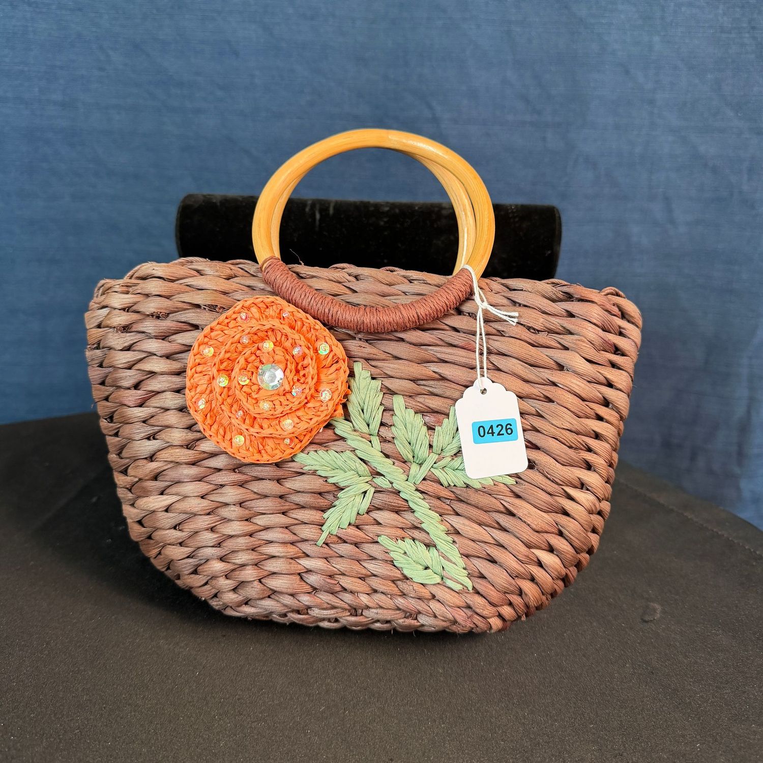 Rolfs woven purse with flower applique and round handles, 9"W, B0426