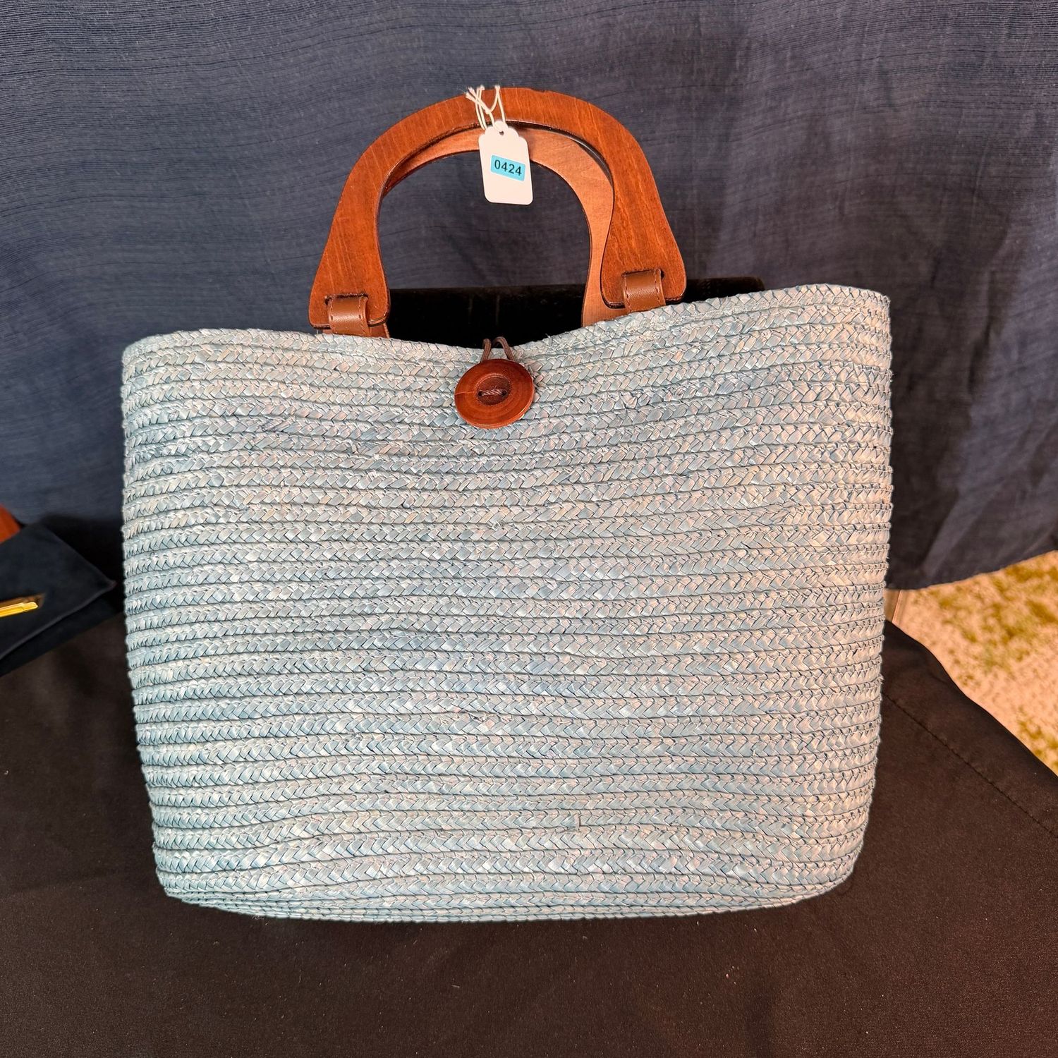 Large woven purse with wooden handles and button closure, blue lining, 14 Large woven purse with wooden handles and button closure, blue lining, 14"W, B0424