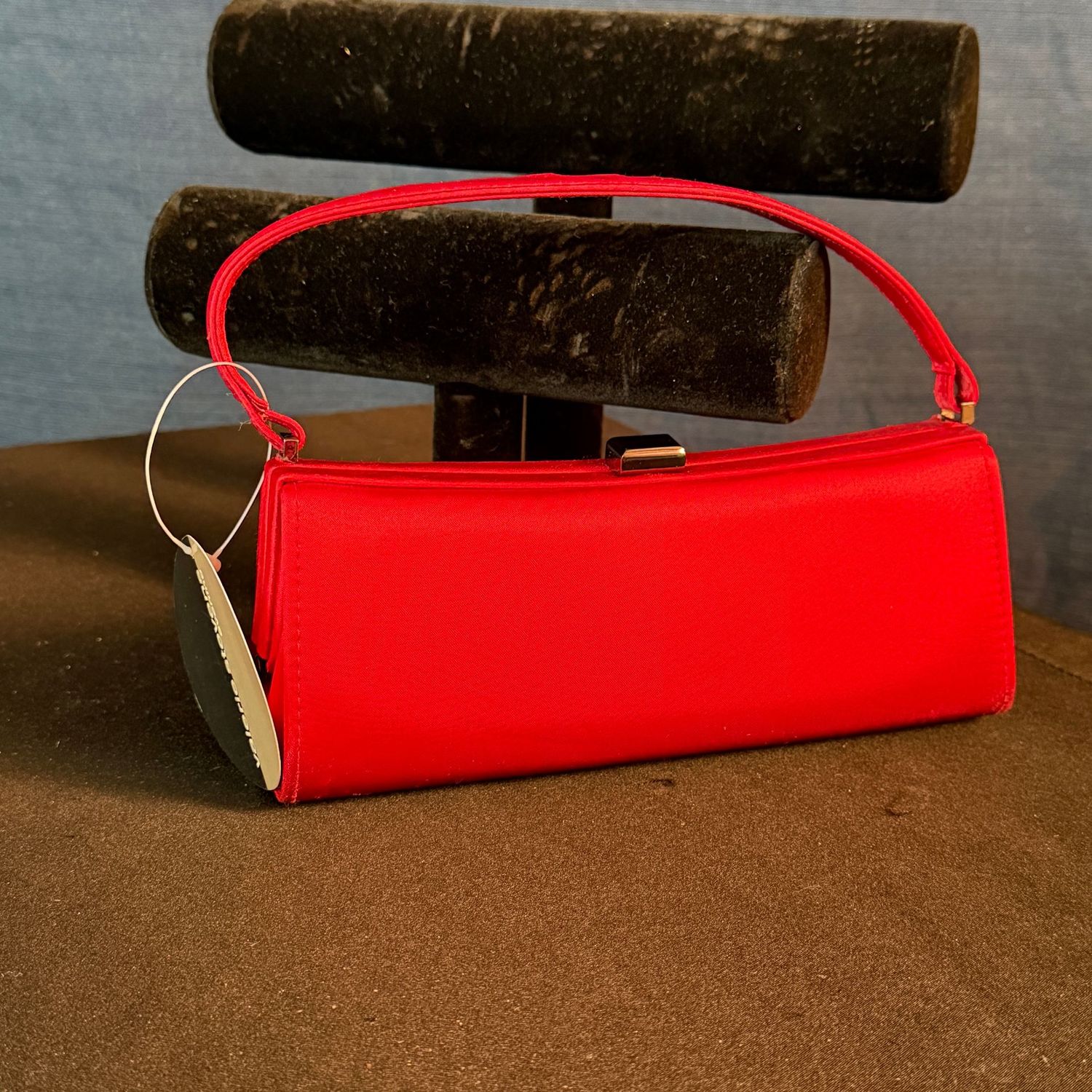 Red satin Valerie Stevens evening bag with satin strap, gold lining, 8 Red satin Valerie Stevens evening bag with satin strap, gold lining, 8"L, B0371