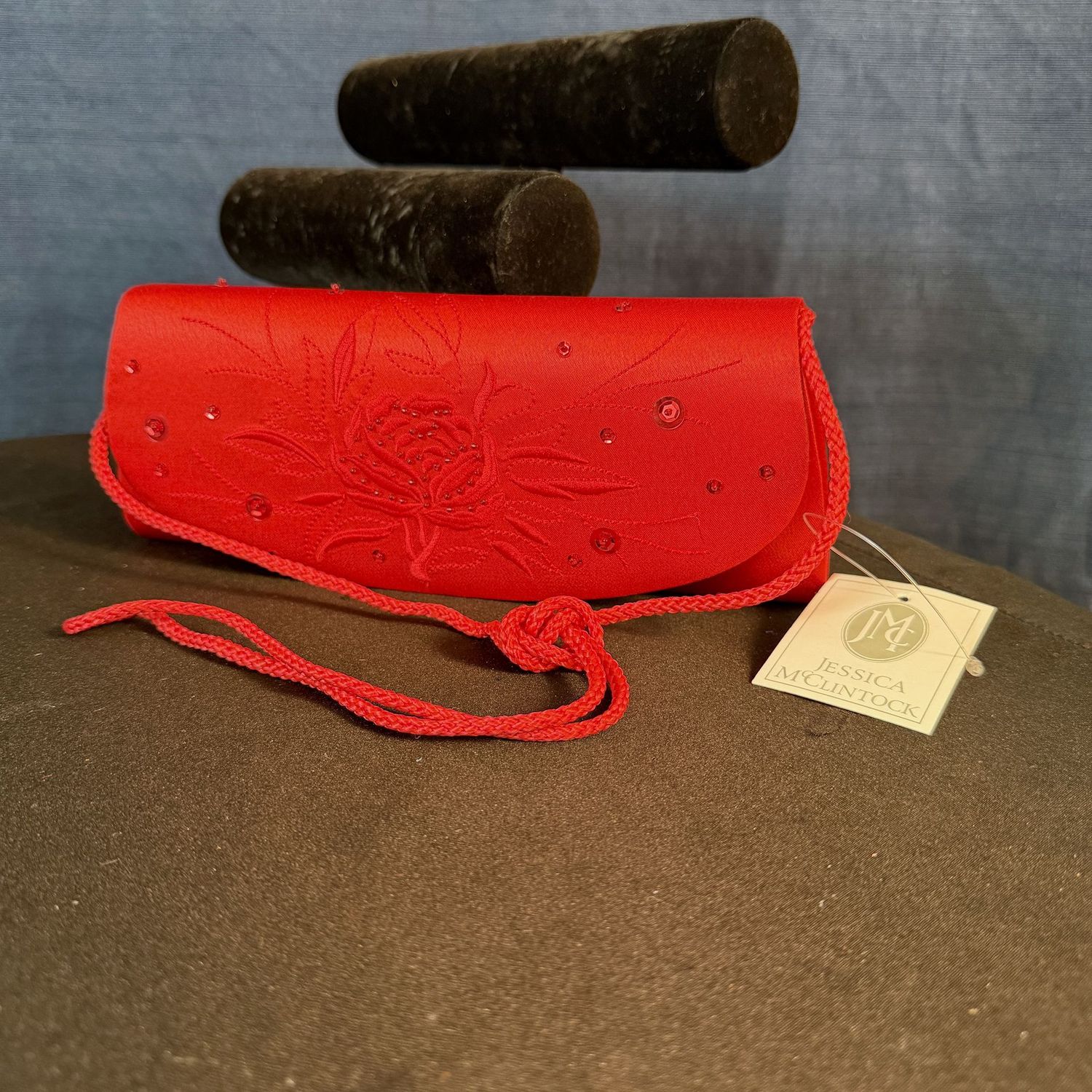 Jessica McClintock ruby red satin evening bag purse, floral and sequined, 10 Jessica McClintock ruby red satin evening bag purse, floral and sequined, 10"L, B0386