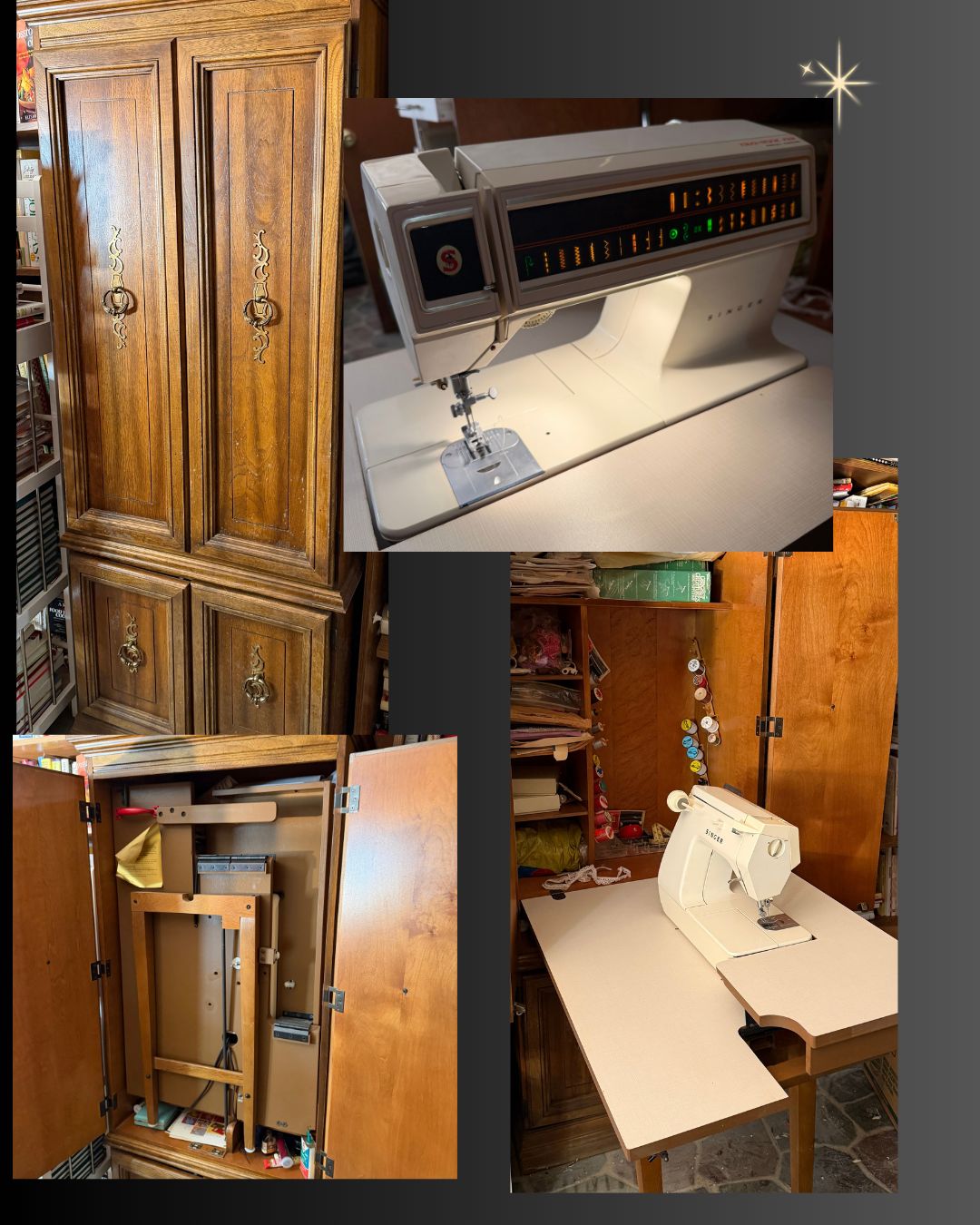 Singer sewing machine with large laminate cabinet, machine works on initial test, this lot includes all contents, cabinet is HEAVY, Dolly Use is ok, on ground level, damage near base 70 Singer sewing machine with large laminate cabinet, machine works on initial test, this lot includes all contents, cabinet is HEAVY, Dolly Use is ok, on ground level, damage near base 70"H x 27"W