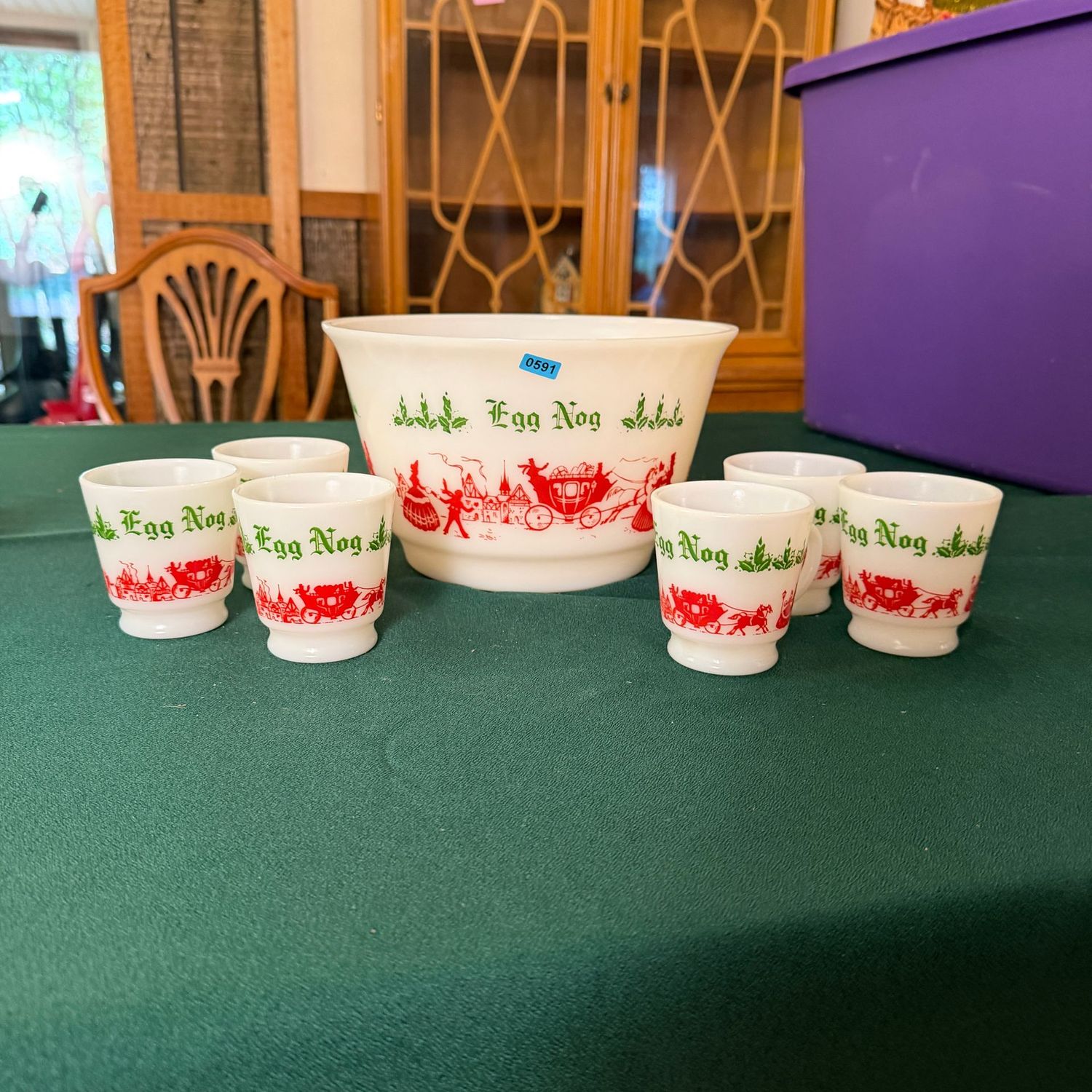 Milk glass egg nog punch bowl and cups, B0591 Milk glass egg nog punch bowl and cups, B0591