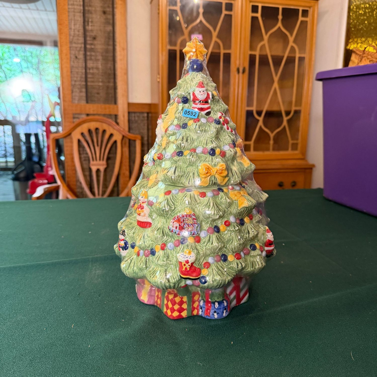 Radko ceramic Christmas tree cookie jar, 14", with colorful presents and a gold star, B0592