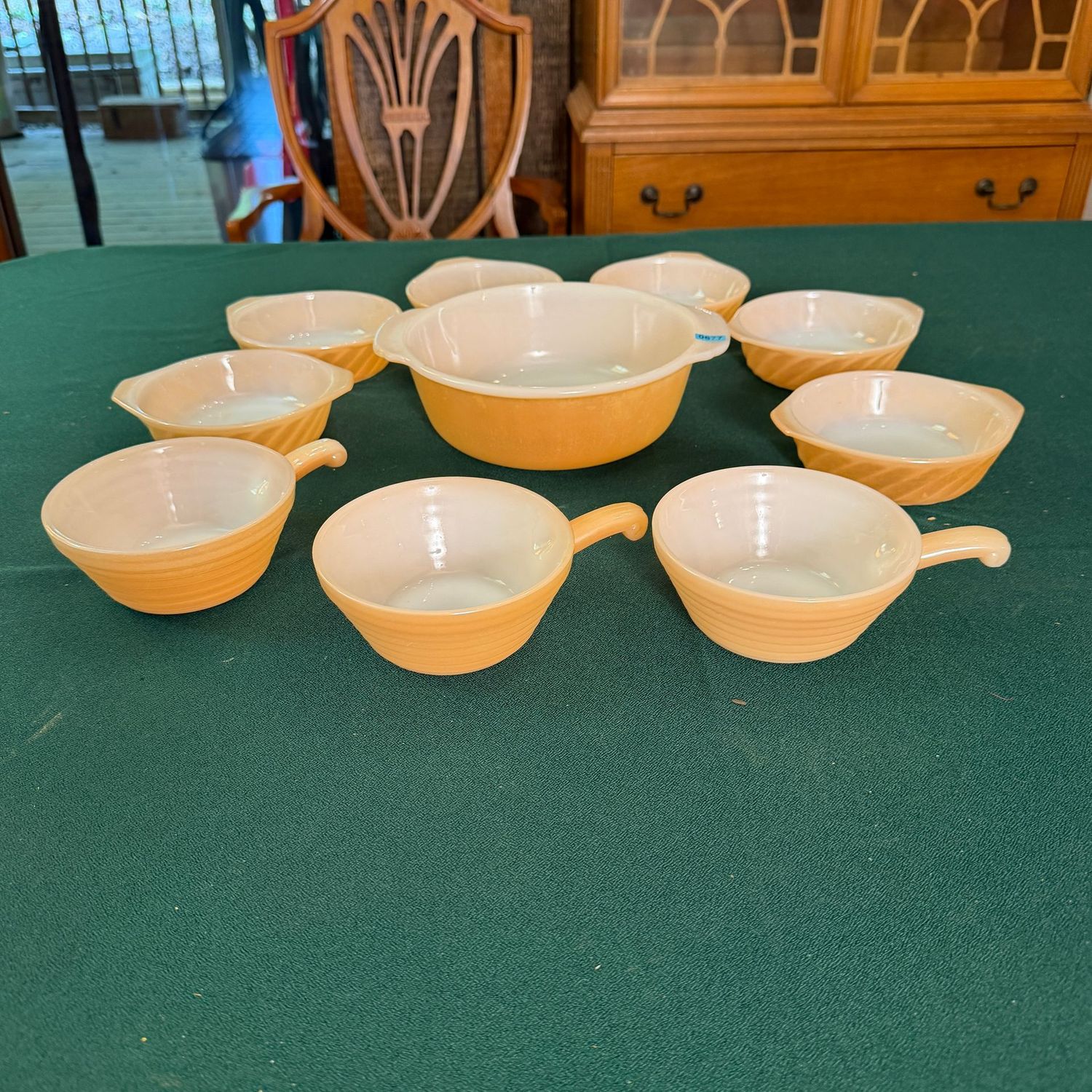 Fire King marigold lusterware casseroles, and soup bowls with handles, B0677 Fire King marigold lusterware casseroles, and soup bowls with handles, B0677
