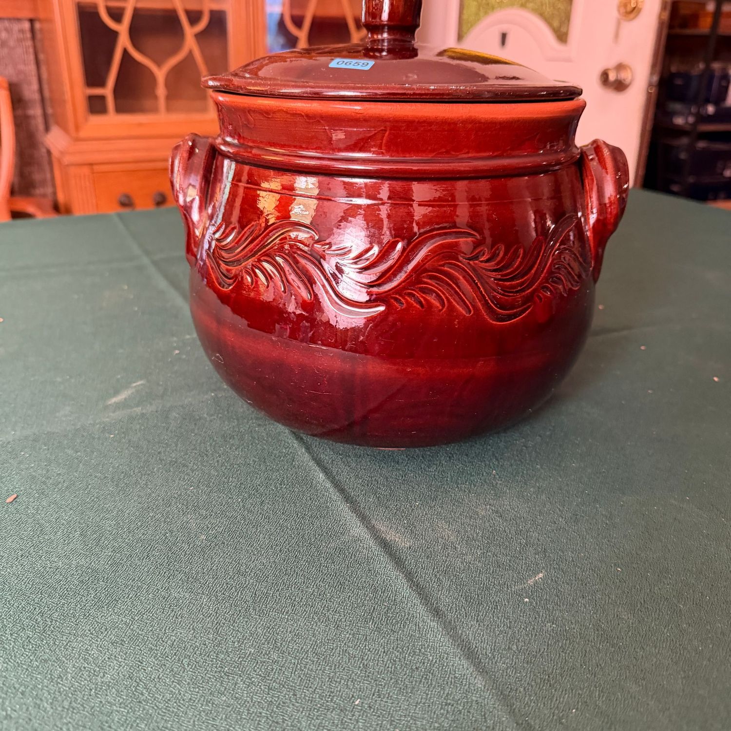 Decorated large terra cotta bean pot, 9 Decorated large terra cotta bean pot, 9"H, B0659