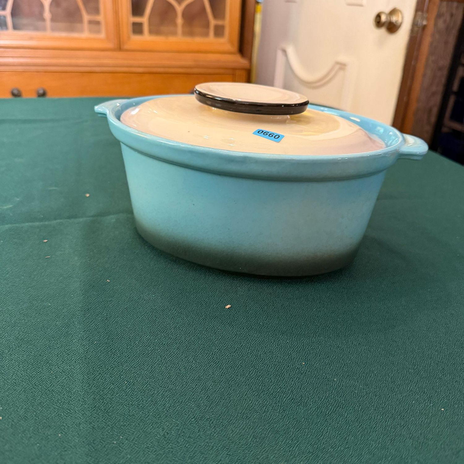 Vintage blue Hull pottery oval casserole, some crazing inside - mild, 8"L, B0660