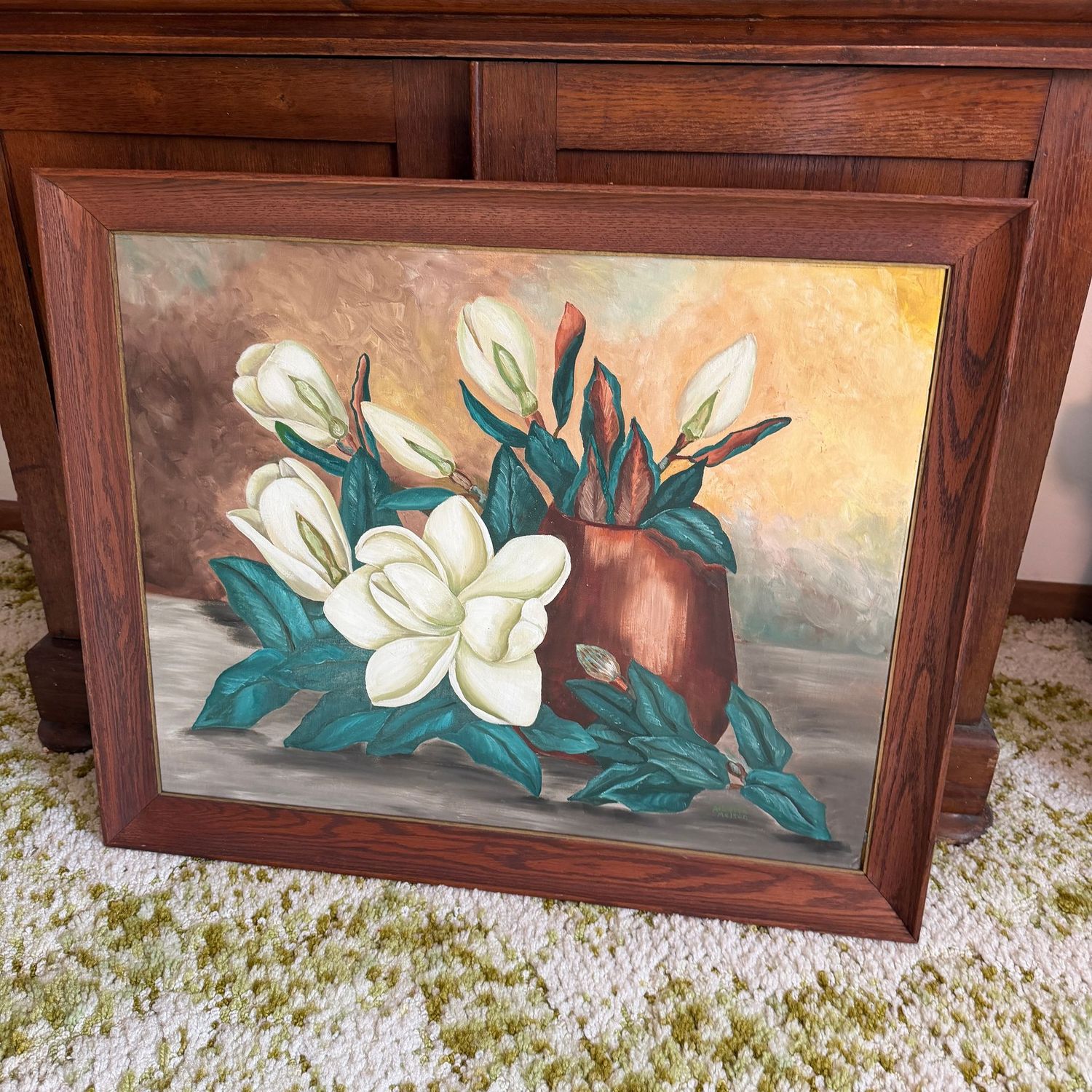 Large magnolia painting on canvas by Alberta Melton, some wear to the canvas, 25" x 32"