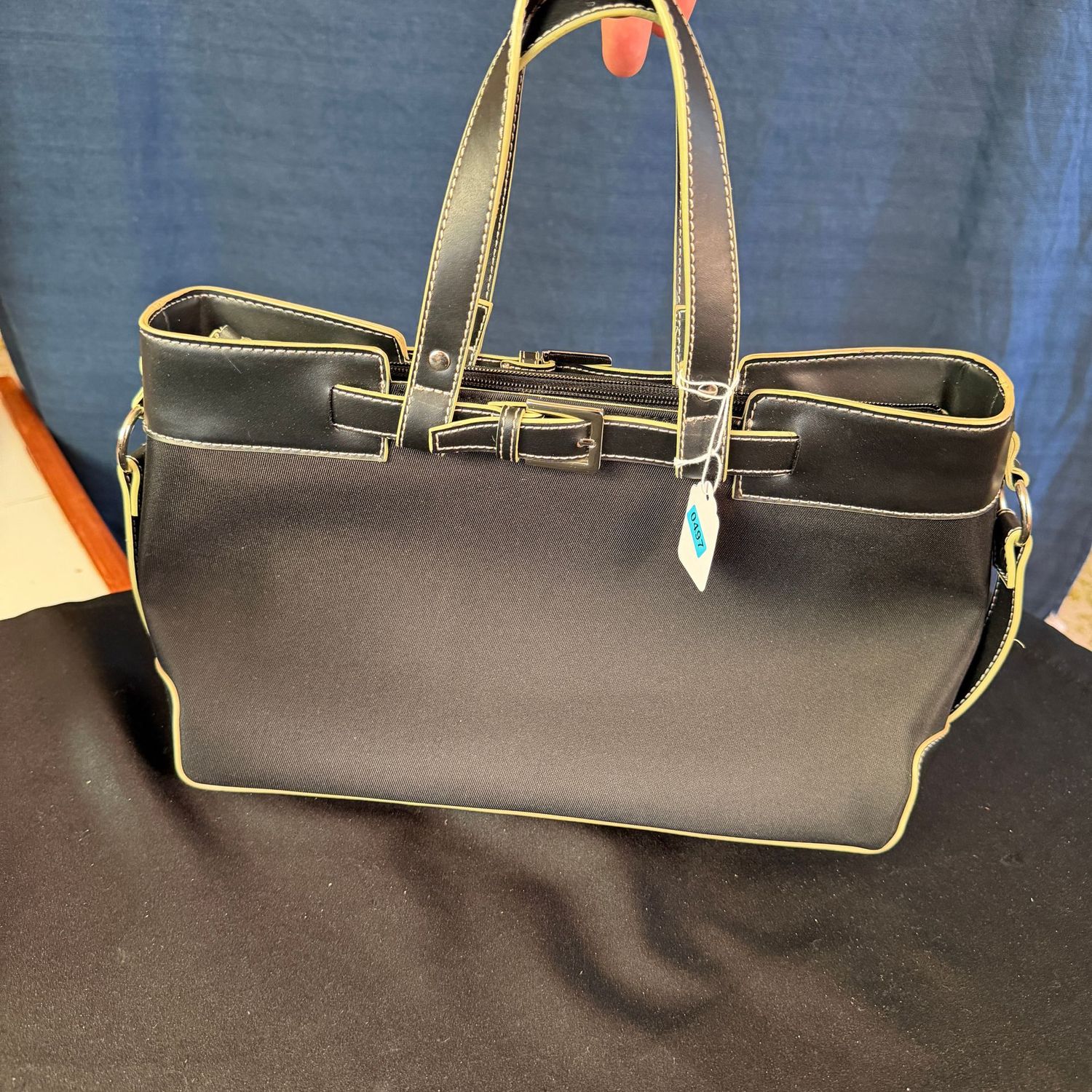 Etienne Aigner black purse with lime piping, 15"W, B0497