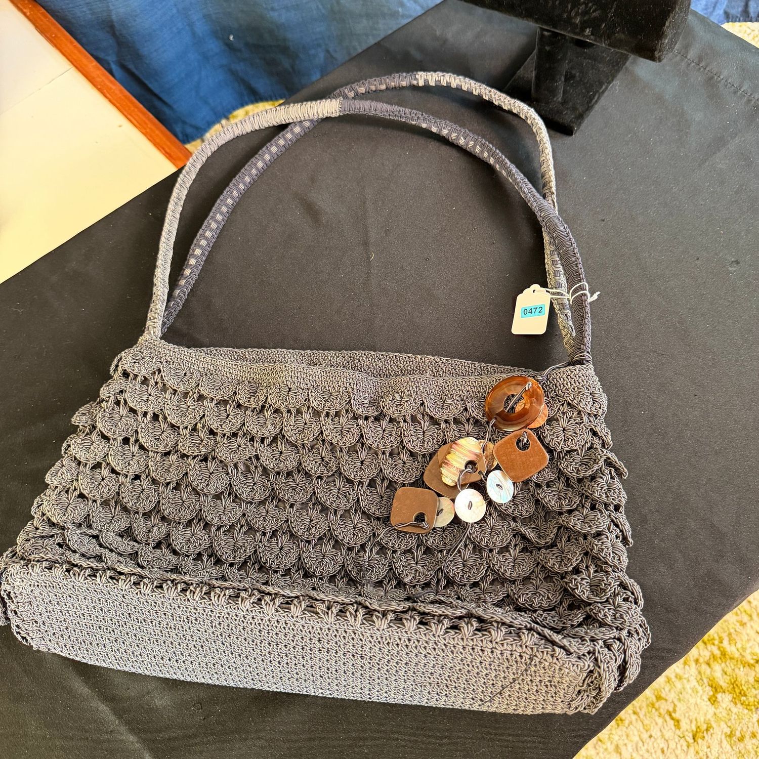 Crocheted and beaded purse, 15 Crocheted and beaded purse, 15"W, B0472