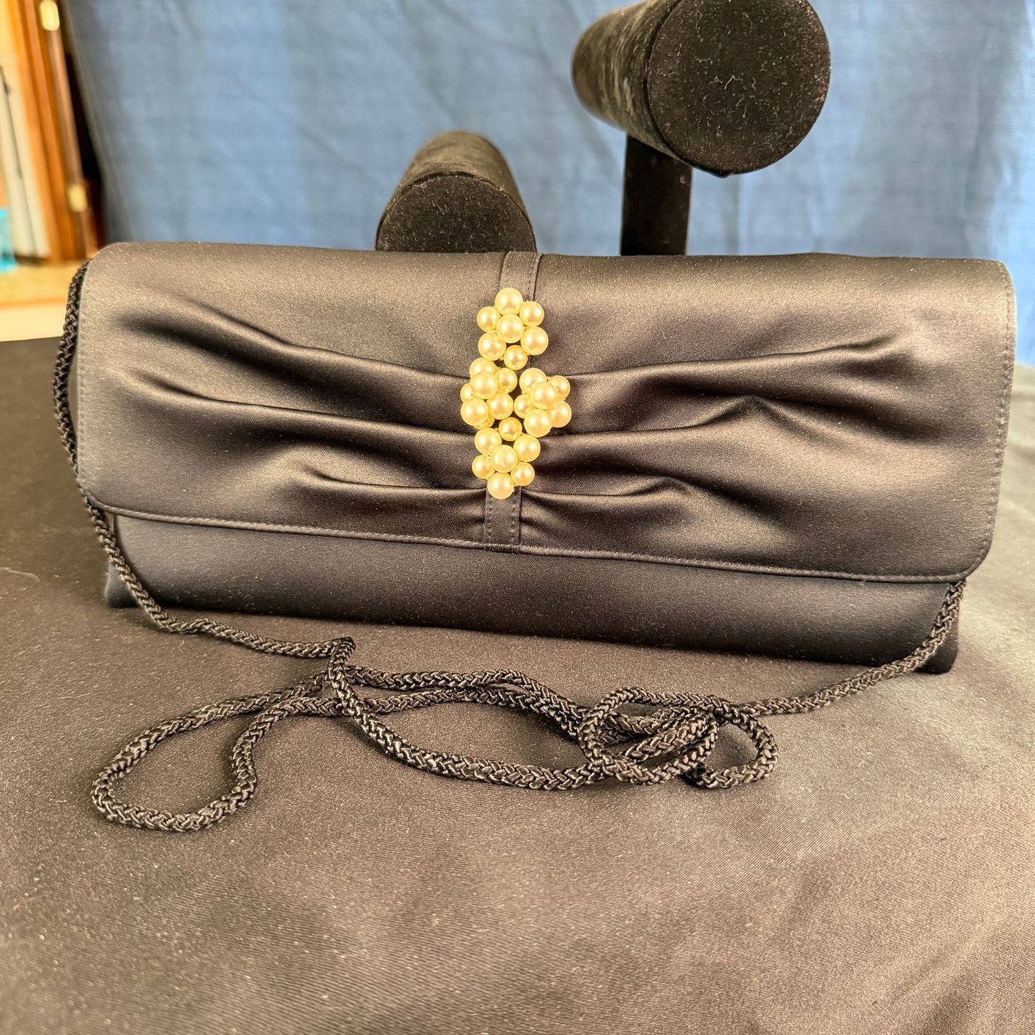 Valerie Stevens 10 Valerie Stevens 10" black satin evening bag purse with pearl cluster B0452