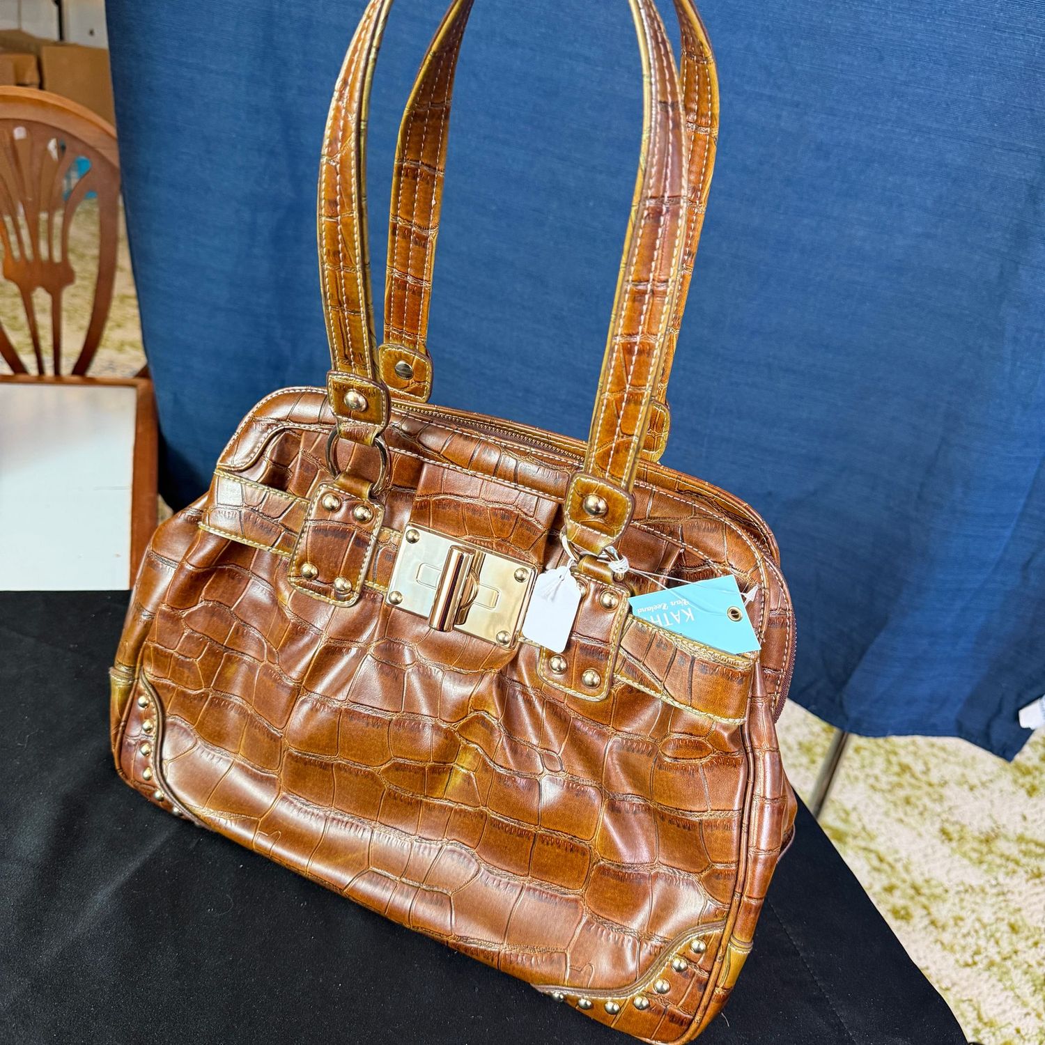 Textured brown Kathy VonZeeland purse, gold lining, 13 Textured brown Kathy VonZeeland purse, gold lining, 13", B0305