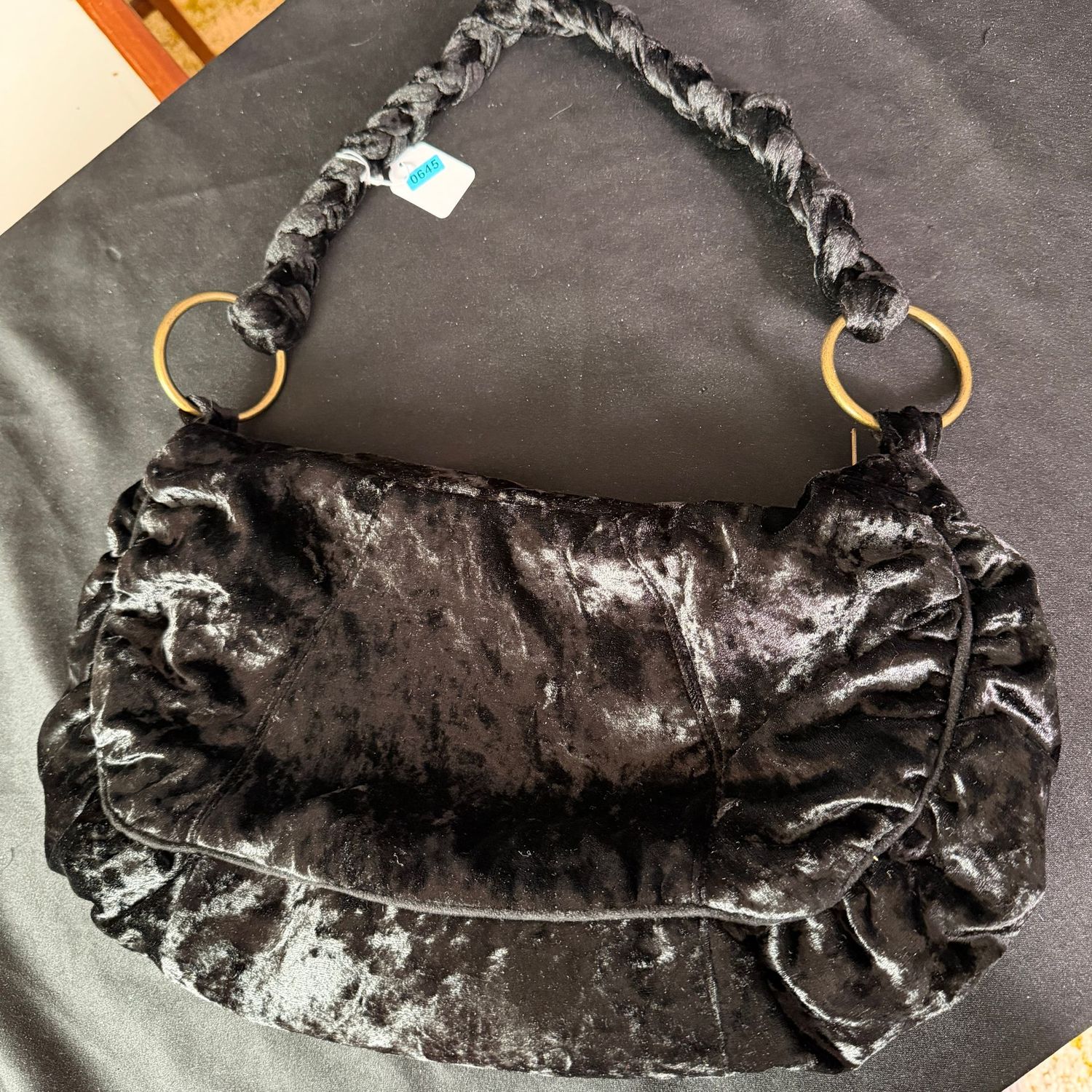 Black velvet purse with zipper closure, 14 Black velvet purse with zipper closure, 14"W, B0645
