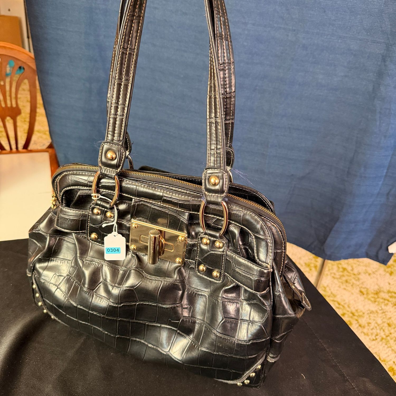 Kathy Von Zeeland black purse with gold lining, 13 Kathy Von Zeeland black purse with gold lining, 13"W, B0304